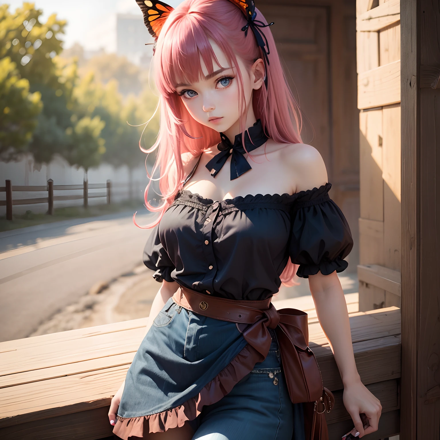 8k, masterpiece, best quality, realistic, higly detailed, cowboy shot, 1girl, solo, Nino, cute, cold-looking girl, waist-length straight hair, square bangs hanging over eyebrows, reddish-pink hair, twin butterfly-shaped ribbons on both sides of head, dark blue eyes, average height, well-endowed figure, large breasts, fashionable girl, various cute accessories, takes care of nails, Patiencer