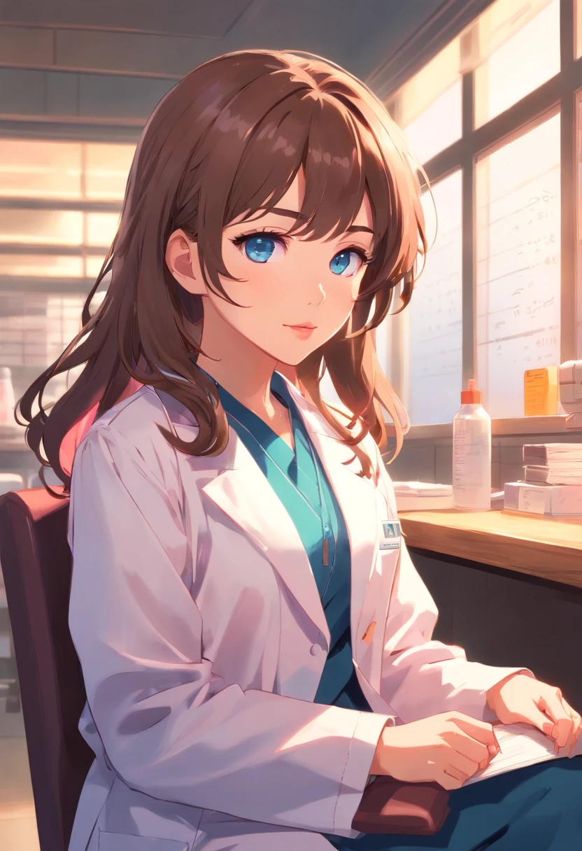 masterpiece,best quality, ultra res, extremely detailed, 1girl, brown curly hair, blue eyes, bangs , pink lipstick, :3, sitting, long hair, lab coat, desltop chair