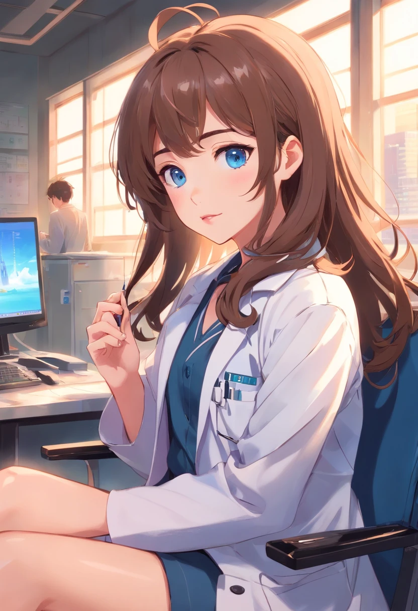 masterpiece,best quality, ultra res, extremely detailed, 1girl, brown curly hair, blue eyes, bangs , pink lipstick, :3, sitting, long hair, lab coat, desltop chair
