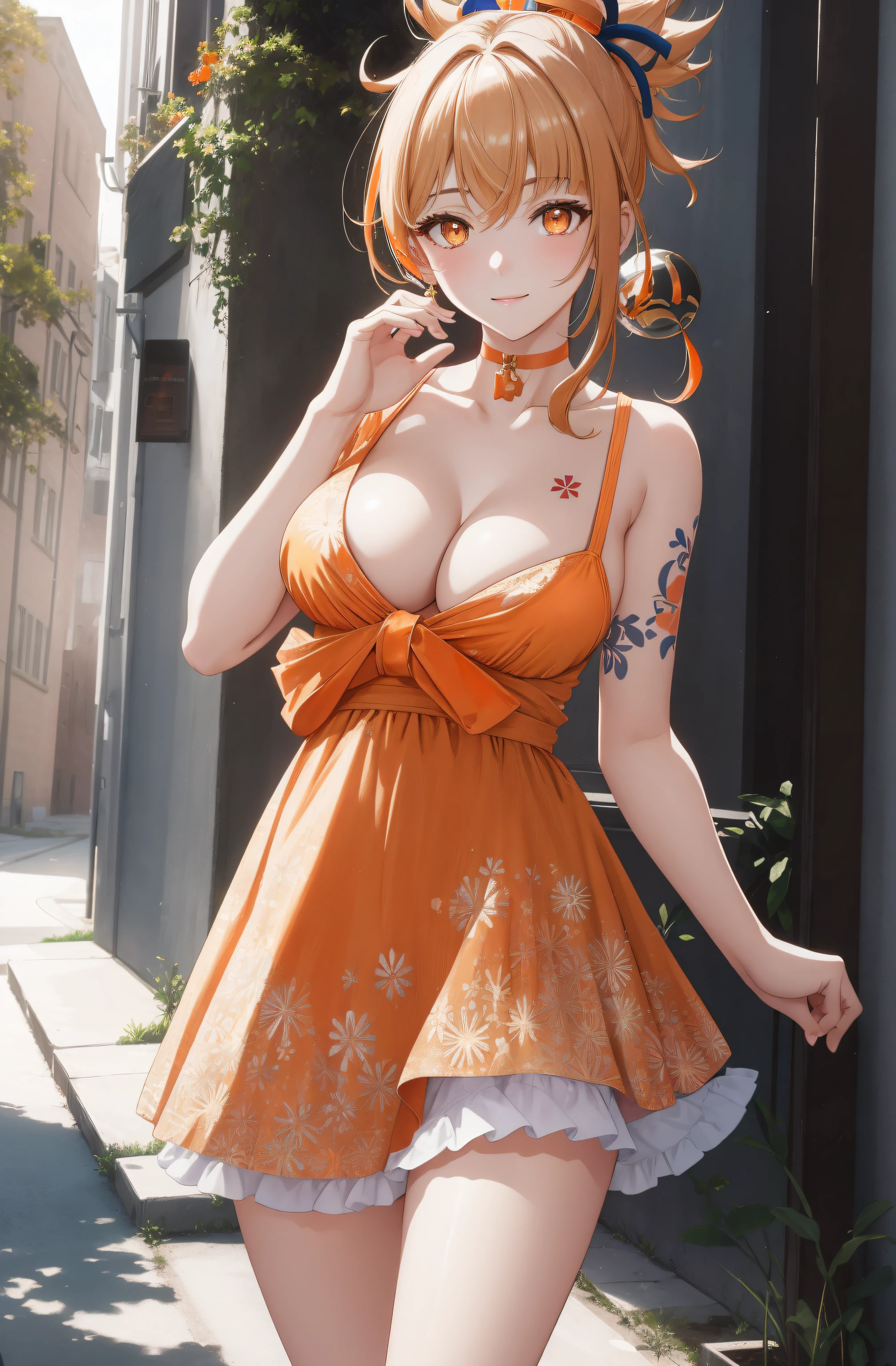 (day:1.7), standing in front of  a building in the background,
green dress with a yellow bow tie and earrings,
yoimiya, arm tattoo, choker, hair ornament, light brown hair, long hair, (orange eyes:1.5), red choker, sidelocks,
1 girl, 20yo,young female,Beautiful Finger,Beautiful legs,Beautiful body,Beautiful Nose,Beautiful character design, perfect eyes, perfect face,
looking at viewer, (innocent_big_eyes:1.0),(expressionless:1.3),seductive pose.teasing smile, 
NSFW,official art,extremely detailed CG unity 8k wallpaper, perfect lighting,Colorful, Bright_Front_face_Lighting,
(masterpiece:1.0),(best_quality:1.0), ultra high res,4K,ultra-detailed,
photography, 8K, HDR, highres, absurdres:1.2, Kodak portra 400, film grain, blurry background, bokeh:1.2, lens flare, (vibrant_color:1.2)
(Beautiful,medium_Breasts:1.4), (beautiful_face:1.5),(narrow_waist),(perfect anatomy,perfect fingers),