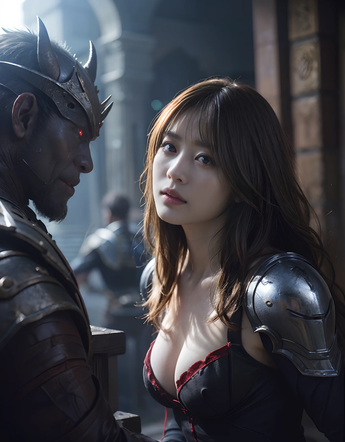 (One Knight Girl)、top-quality、​masterpiece、超A high resolution、(Photorealsitic:1.4)、Raw photo、女の子1人、（Wear the Dark Knight's Armor）、glowy skin、(((Dark Fantasy)))、With a beautiful sword and shield、（Gorgeous Bikini Marr）、(Kobold、ogre、Fierce battle with orcs),（）、Fight fiercely、(Background of decaying dungeon ruins)、（Ultimate Beauty）、（Knight's helmet）、(Fighting Demonic Beasts)、(Small LED)、((super realistic details))、portlate、(Strong giant demon beast background),globalillumination、Shadow、octan render、8K、ultrasharp、Colossal tits、Raw skin is exposed in cleavage、metals、Details of complex ornaments、Japan details、highly intricate detail、Realistic light、(Mystical expression),CGSoation Trends、Red Eyes、radiant eyes、Facing the camera)、Gundam、Small LED、Toostock、（）、（Attack of the Monster Beasts）、（Wounded in a deadly battle）、