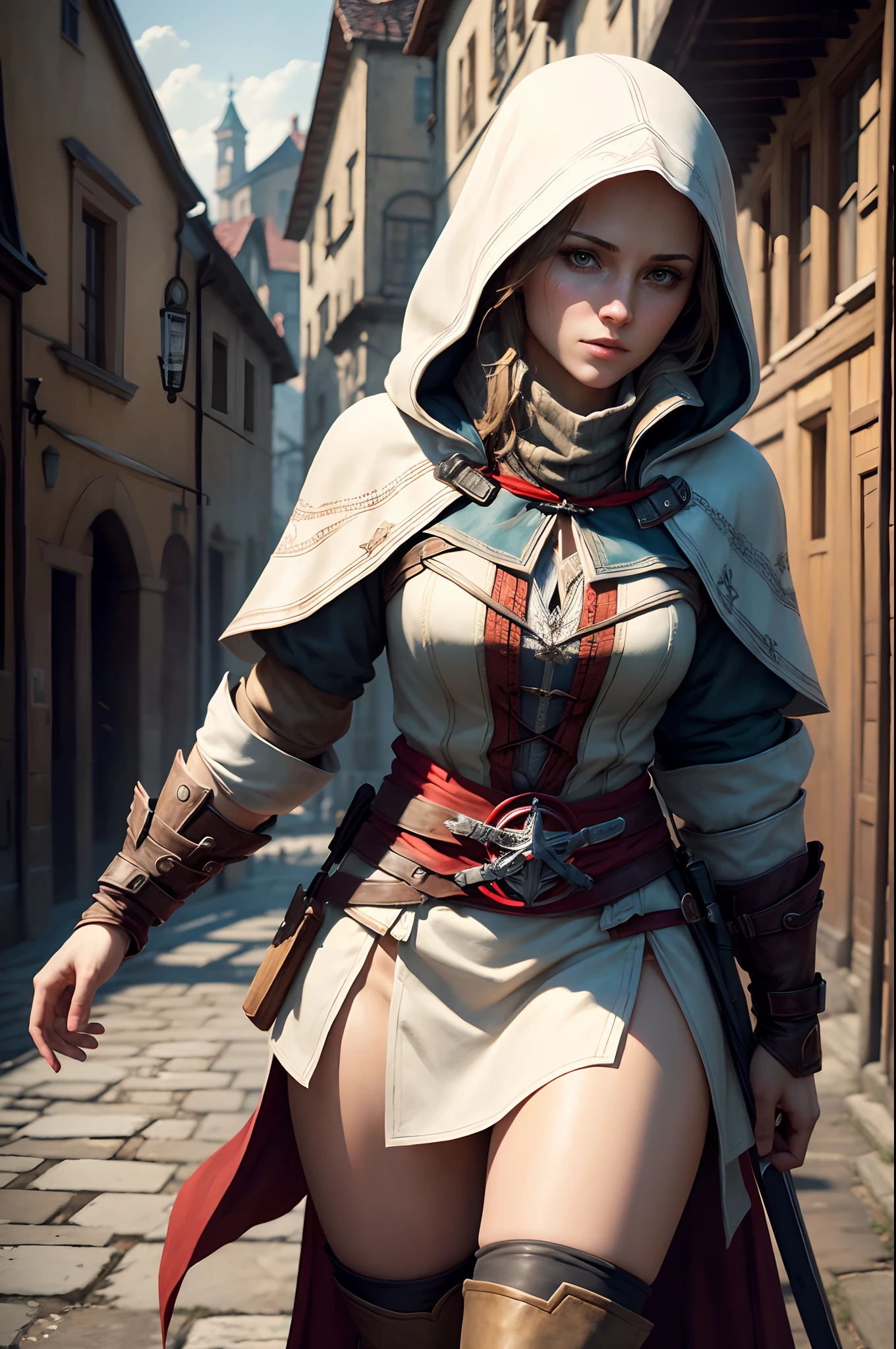 The woman, Стиль Assassin's Creed, short clothes, Little clothes, knee boots, Bracelets on the legs, Medieval town in the background, renaissance, higly detailed, Realistic full-length photography, 4k
