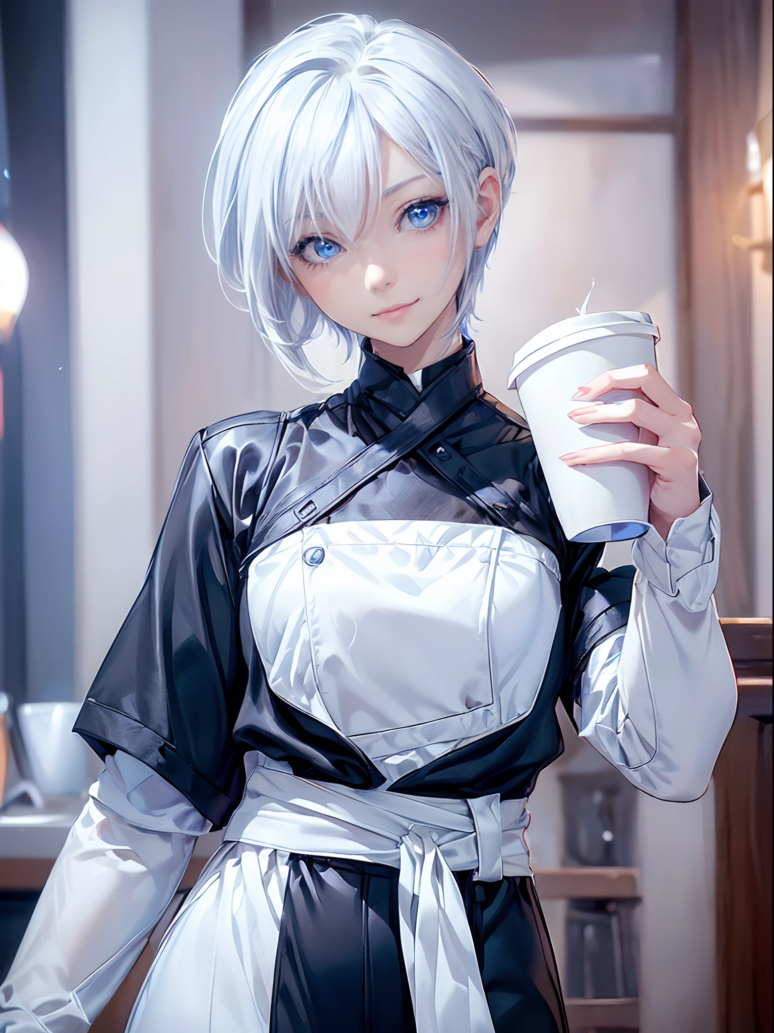 ((4K works))、masterpiece、(top-quality)、1 beutiful girl、Slim body、tall、((Black Y-shirt and white pants、Charming street style))、(Detailed beautiful eyes)、Daytime coffee shop、((Bright coffee shop))、For a date at a fashionable coffee shop、((Face similar to Carly Rae Jepsen))、((Short-haired white hair))、((Smaller face))、((Neutral face))、((Bright blue eyes))、((American adult women))、((Adult female 26 years old))、((cool lady))、((Like a celebrity))、((Smiling expression))、((Korean Makeup))、((elongated and sharp eyes))、((Happy dating))、((boyish))、((Upper body photography))、Professional Photos、((Shot alone))