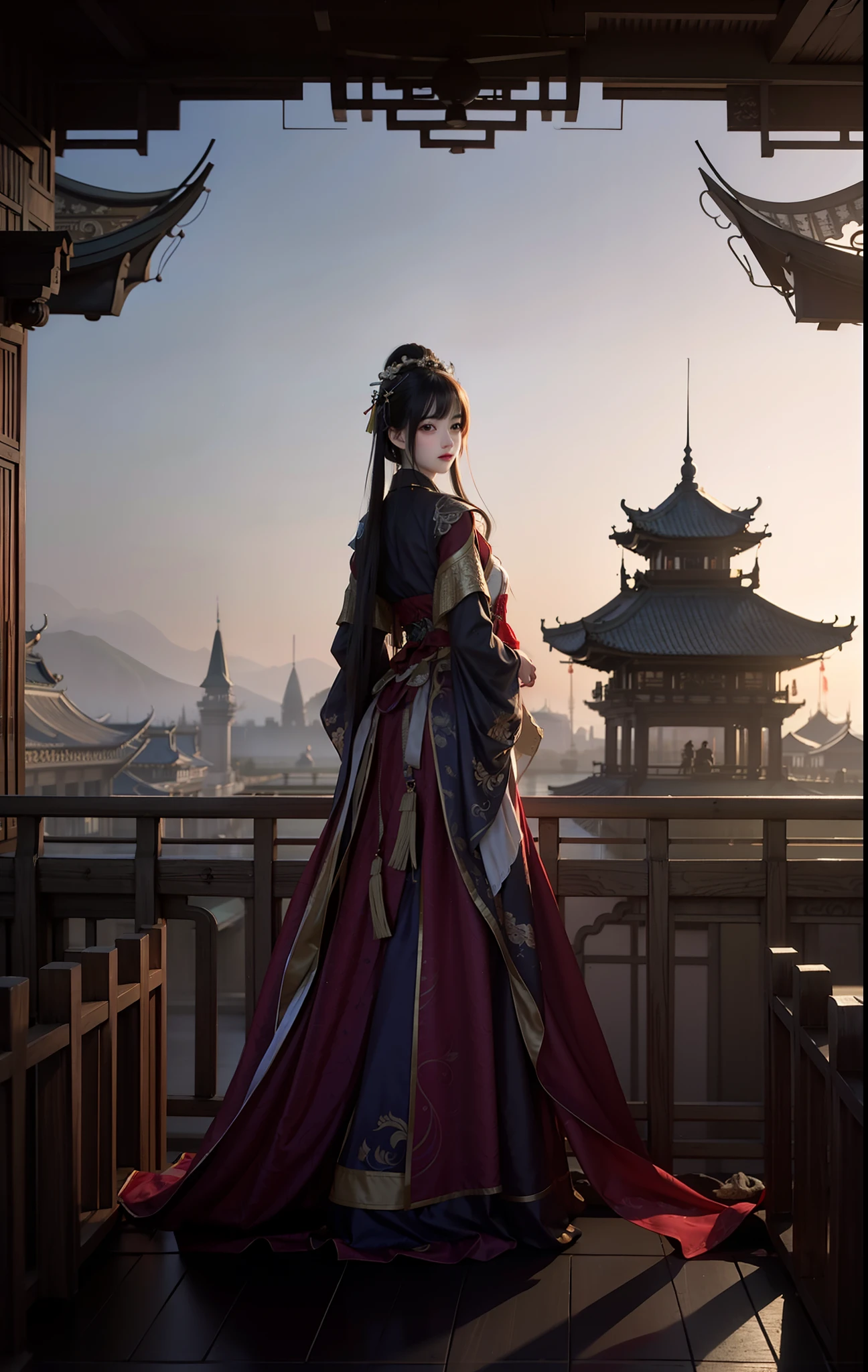 On the bridge stood a woman in a long dress, Palace ， A girl in Hanfu, Beautiful rendering of the Tang Dynasty, Guviz-style artwork, a beautiful fantasy empress, Rosla global lighting, beautiful concept art, trending on cgstation, ross tran. scenery background, Princesa chinesa antiga, Side view