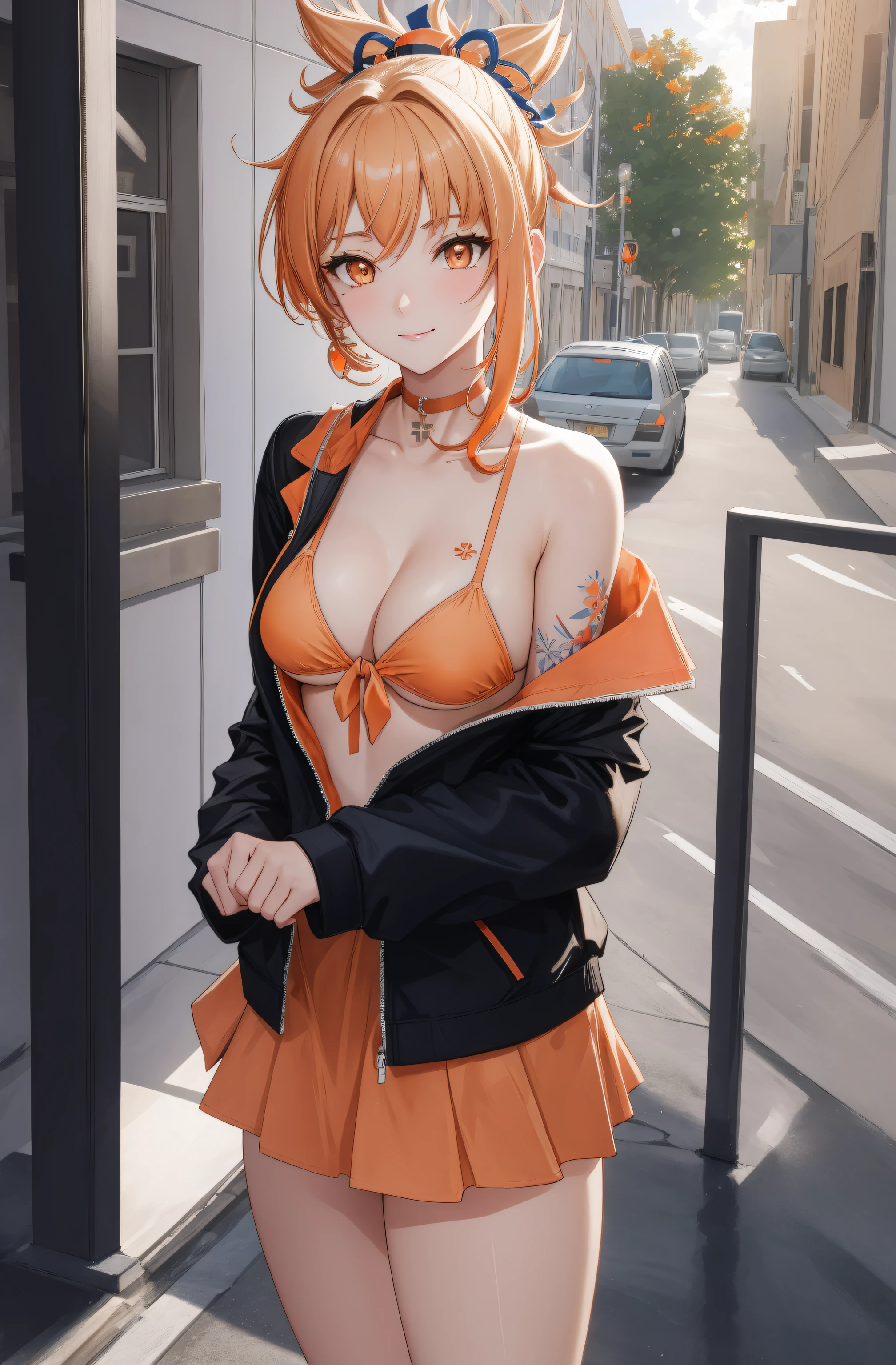 (day:1.7), standing in front of  a building in the background,
bikini, black hairband, blue jacket, braid, collarbone, front-tie bikini top, front-tie top, hair ornament, hairband, jacket, long sleeves, open clothes,
yoimiya, arm tattoo, choker, hair ornament, light brown hair, long hair, (orange eyes:1.5), red choker, sidelocks,
1 girl, 20yo,young female,Beautiful Finger,Beautiful legs,Beautiful body,Beautiful Nose,Beautiful character design, perfect eyes, perfect face,
looking at viewer, (innocent_big_eyes:1.0),(expressionless:1.3),seductive pose.teasing smile, 
NSFW,official art,extremely detailed CG unity 8k wallpaper, perfect lighting,Colorful, Bright_Front_face_Lighting,
(masterpiece:1.0),(best_quality:1.0), ultra high res,4K,ultra-detailed,
photography, 8K, HDR, highres, absurdres:1.2, Kodak portra 400, film grain, blurry background, bokeh:1.2, lens flare, (vibrant_color:1.2)
(Beautiful,medium_Breasts:1.4), (beautiful_face:1.5),(narrow_waist),(perfect anatomy,perfect fingers),