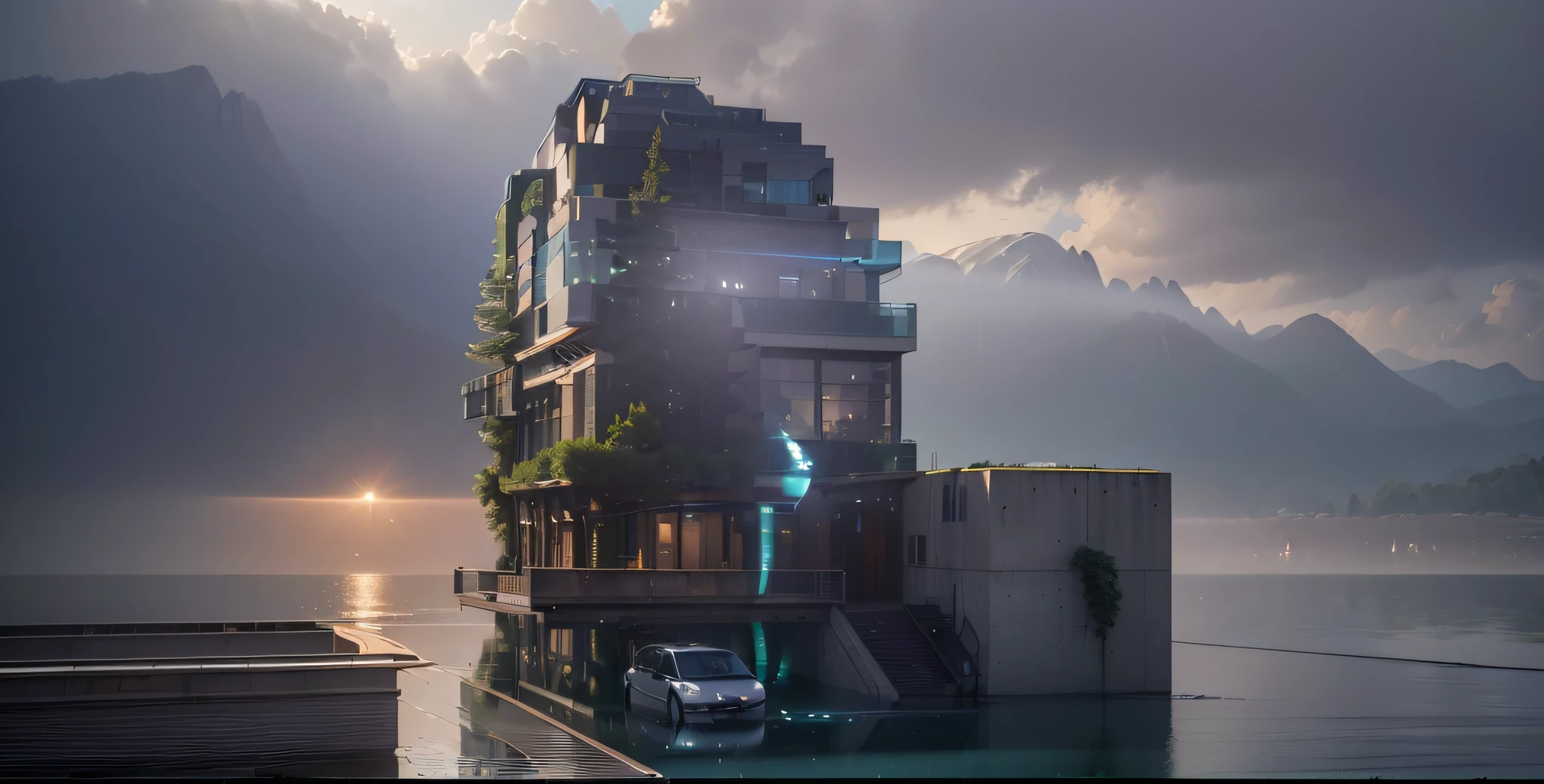 (8k, RAW photo, best quality, masterpiece:1.2), (realistic, photorealistic:1.37), octane render, ultra high resolution, super detail, professional lighting, light photon emission, radioactivity, physics-based rendering, ((MODERN VILLA, GLASS DOOR)), ((STONE MOUNTAIN, Dense GREEN TREES)), ((reflection in water)), ((raytracing )), ((city IN THE FOREST))