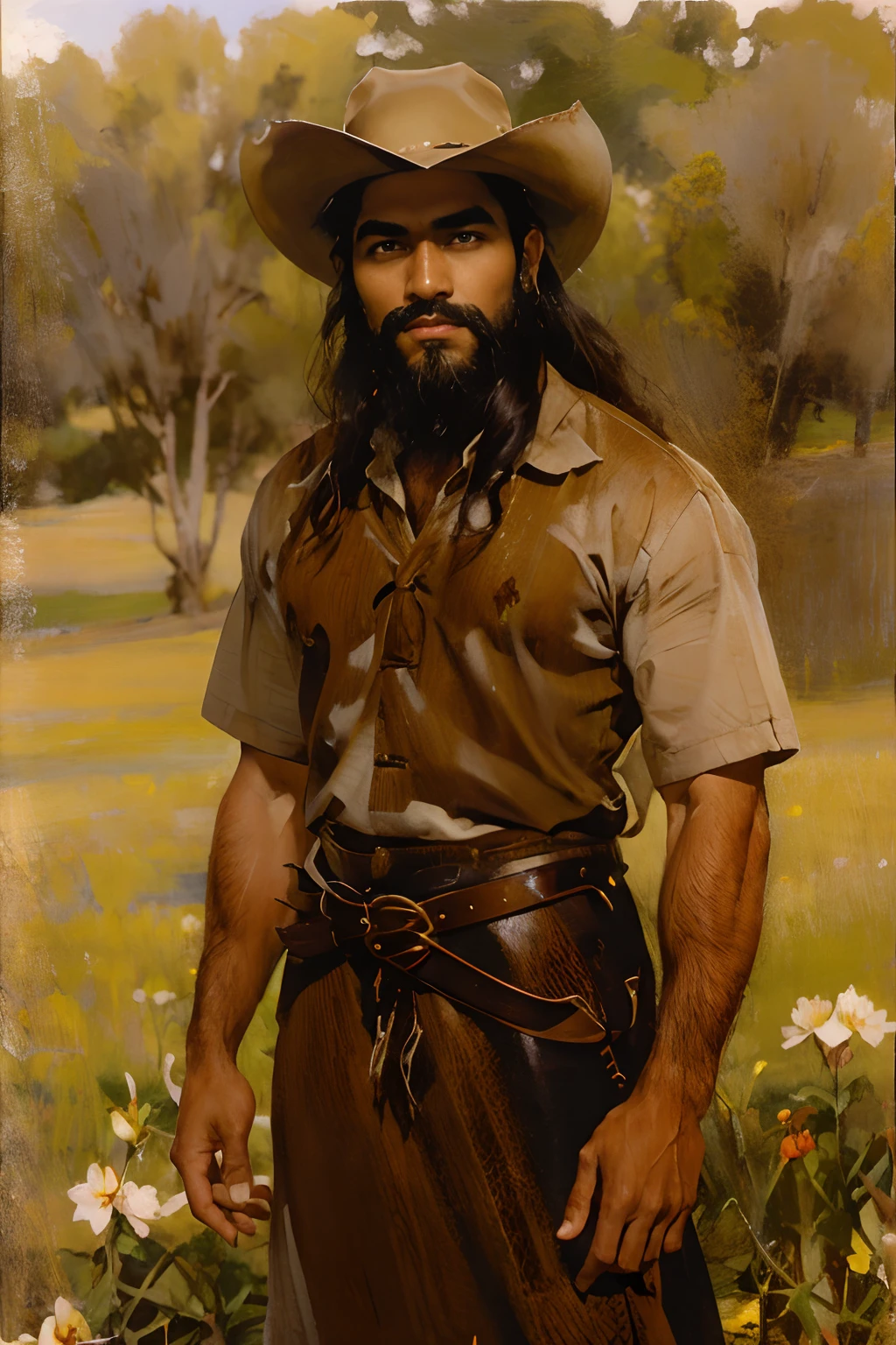 lone male cowboy holding wild roses on a field, brown attire, filipino american standing next to a tall handsome white male with a cowboy hat short hair and beard, handsome face, late 20's, light facial hair, medium long wavy hair, dark brown cowboy hat