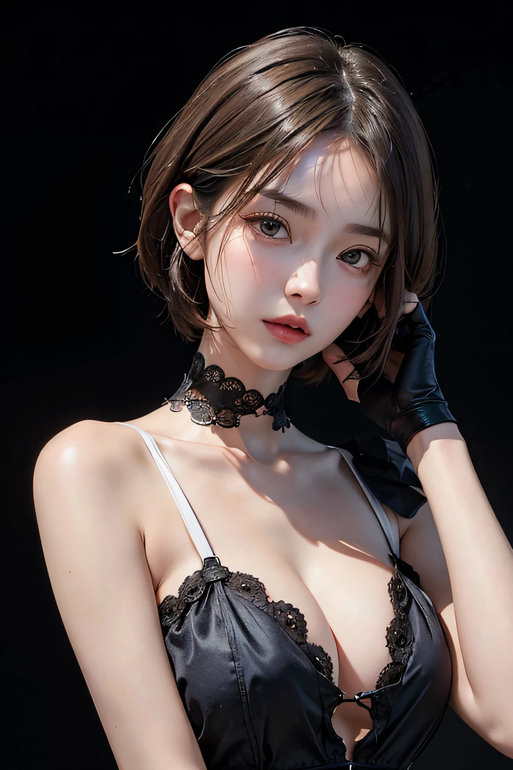 a 20 yo woman、(masuter piece:1.3)、(8k、Photorealsitic、RAW Photography、top-quality: 1.4)、(1girl)、beautiful countenance、(lifelike face)、(A dark-haired、short-hair:1.3)、Beautiful hairstyle、realisticeyes、Beautiful details、（real looking skin）、Beautiful skins、（Satin shirt）、absurderes、enticing、超A high resolution、A hyper-realistic、high-detail、the golden ratio、full bodyesbian、cleavage of the breast
