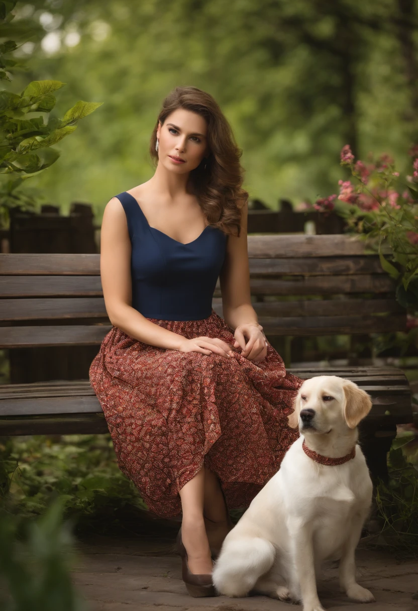 Best quality, A woman sits on a bench , Summer_dress, The dress is printed with a dog