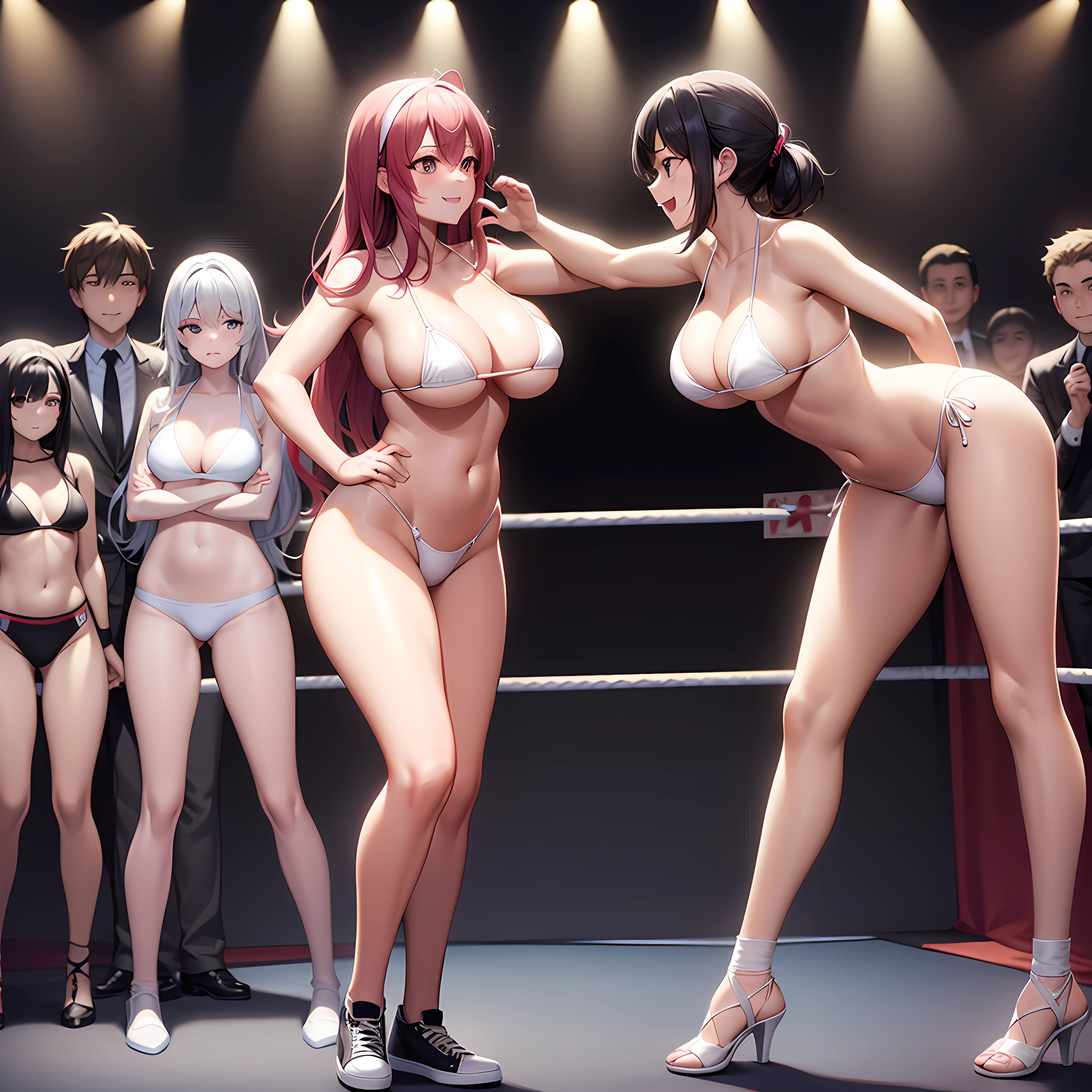 Top image quality、extremely delicate and beautiful、Early 20s、Beautiful breasts、Nice Buddy、Akame、Female braves、femele、(Soio)、(A dark-haired)、The long-haired、is standing、a smile、White Micro Bikini、（Lower body is white micro bikini）、bangss、professional wrestling pose、fighting pose、Hands behind your hips、Fighting eachother、a smile、Professional Wrestling Shoes