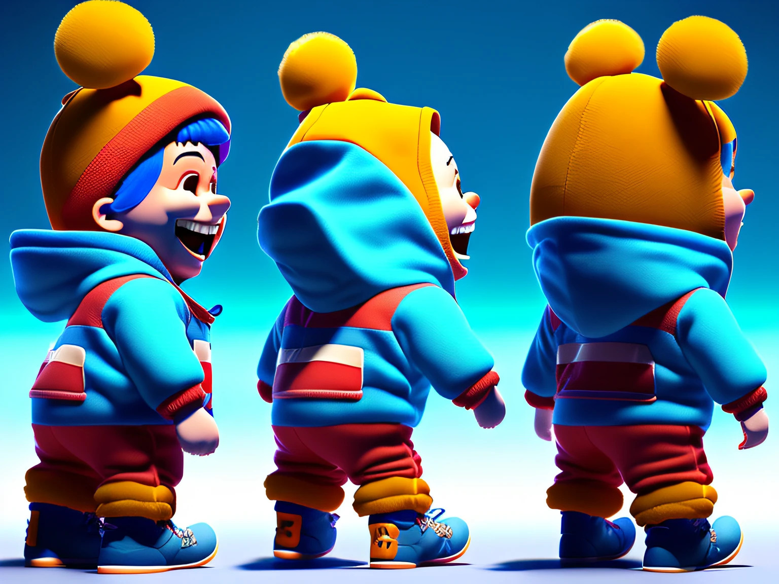 (Same character, front, side, back）（Laughing boys:1.5）（Wearing blue teddy bear hooded jumpsuits：1.37）, 3D model of a Japanese mascot, Maya 8 K, anime lush john 8k woods, 3 d character, 3d character, Diego 5, 3D model Pixar rendering, front, side, back, rendered in maya, The look of laughter :: rendering by octane