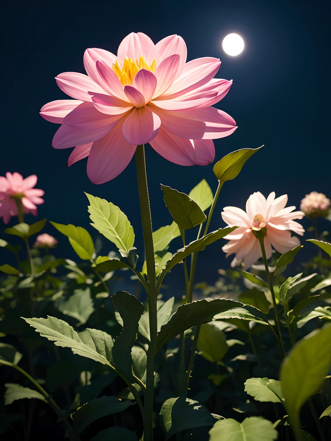 Dahlia flower, photorealistic, dreamy, moonlight, nostalgic