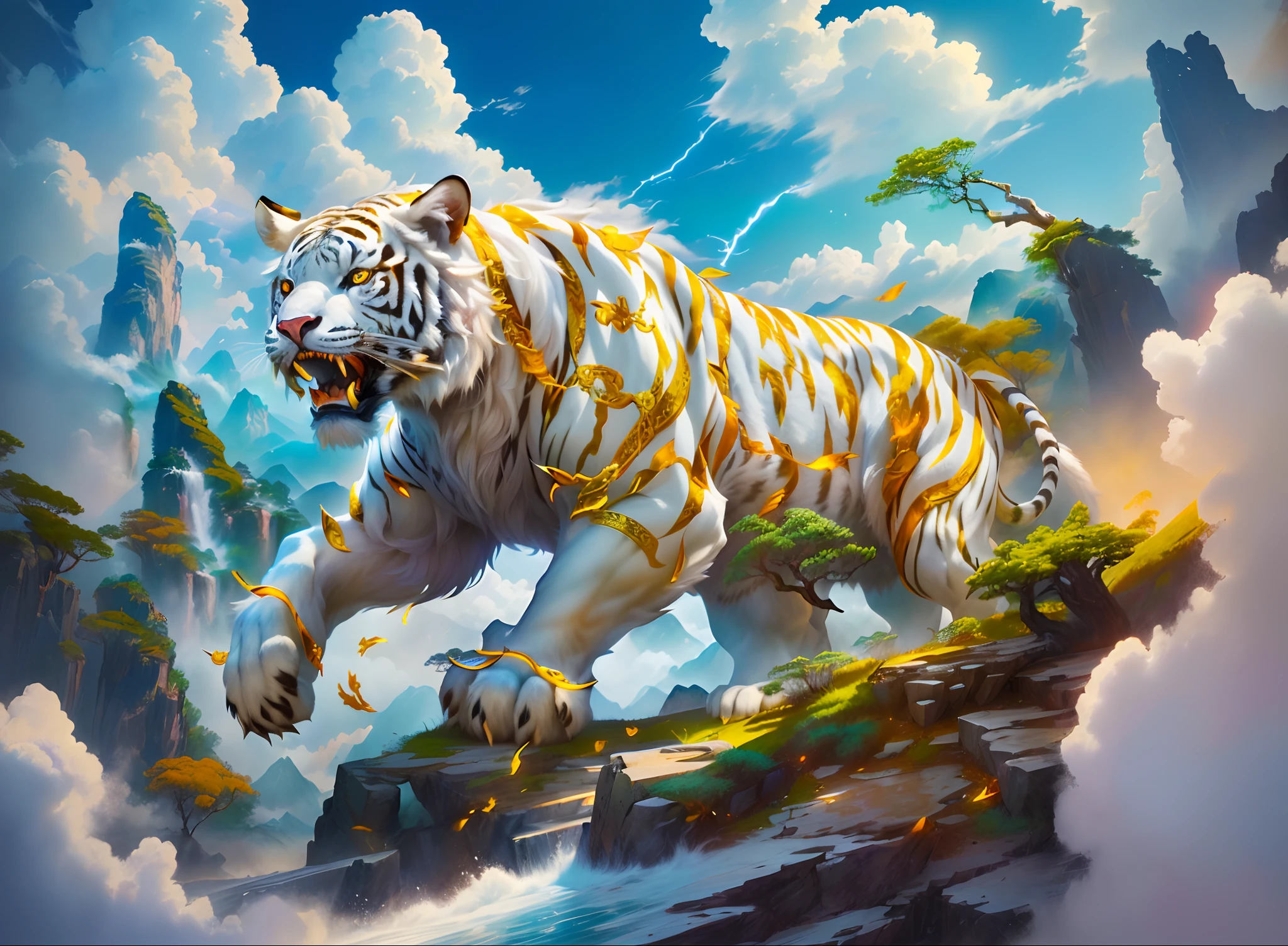 (Best quality,tmasterpiece, iintricate,hyper-detailing，extremely detailed CG unity wallpaper) ,dahuangdongjing，A mythical beast in Chinese mythology(the white tiger),The white tiger resembles a huge white tiger，Huge and powerful。It has a majestic body and sharp claws，The whole body is covered with fur as white as snow，White tigers usually have a pair of short horns on their heads，And both eyes radiate lightning，Surrounded by lightning，White clouds surround，Dreamland Wonderland、Genting Heavenly Palace，，The peaks are steep，Strange rocks，fanciful，ogre、fang、Riding，Faraway view，(Best quality,tmasterpiece, iintricate,hyper-detailing，RAW photo,8K，hyper HD,超高分辨率,Photorealistic style,Cinematic scenes, Sharp focus,Dramatic lighting,extremely detailed CG unity wallpaper，Chinese colors，The color is bright，brightly，Traditional Chinese elements，（（Ancient murals）），Illustrative myths，Fuyao Legend，Dappled light，Hazy haze，mystical aura，tmasterpiece，k hd，Rich in color，Detailed details，Seven colors)