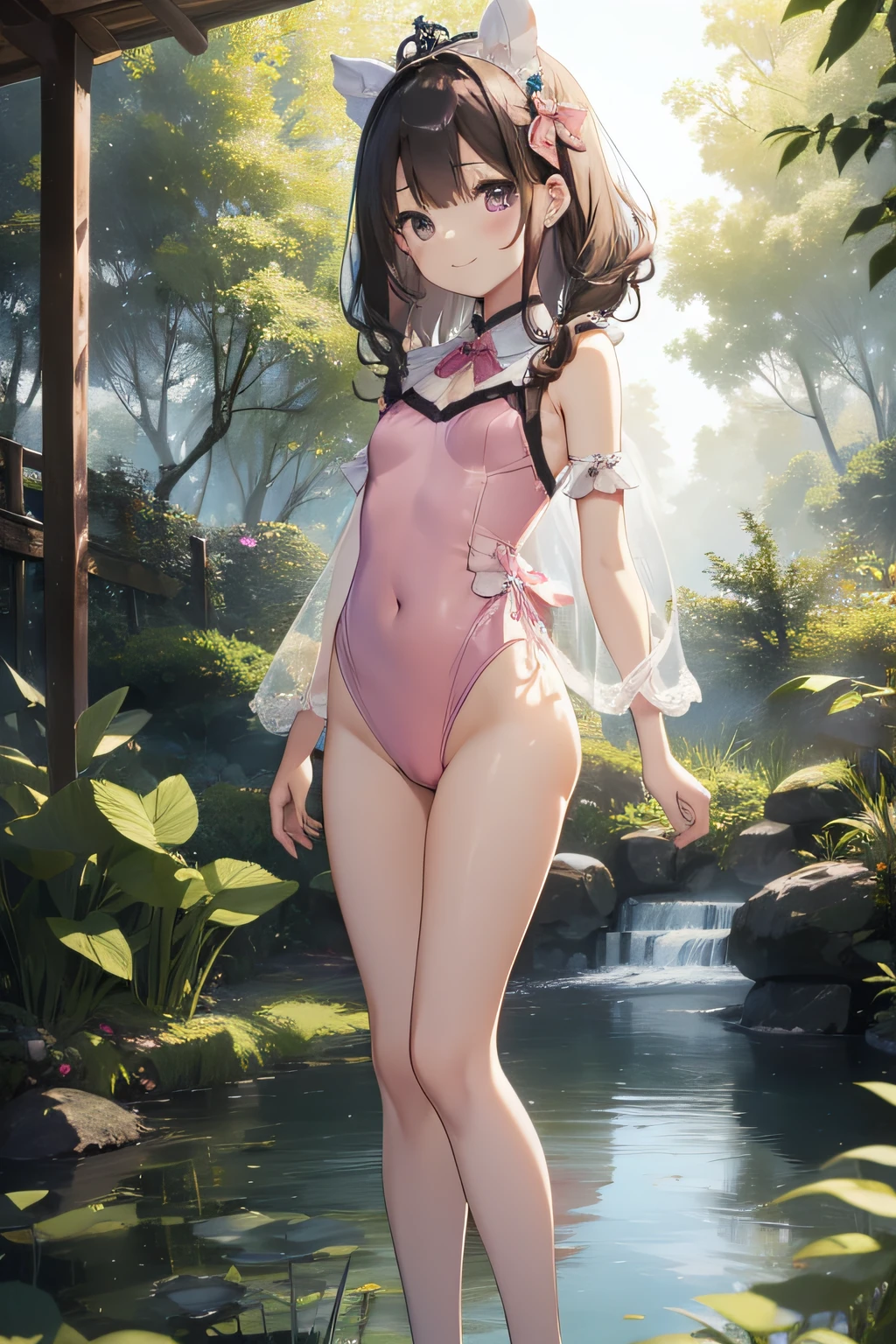 top-quality、extremely delicate and beautiful、Soio、Soio、8--old l、japanes、Lori、Chiquita、elementary stu、((Pink leotard))、(highleg)、Tiara on the head、A smile、is standing、Facing the front、Pond in the background、the woods、cherry trees