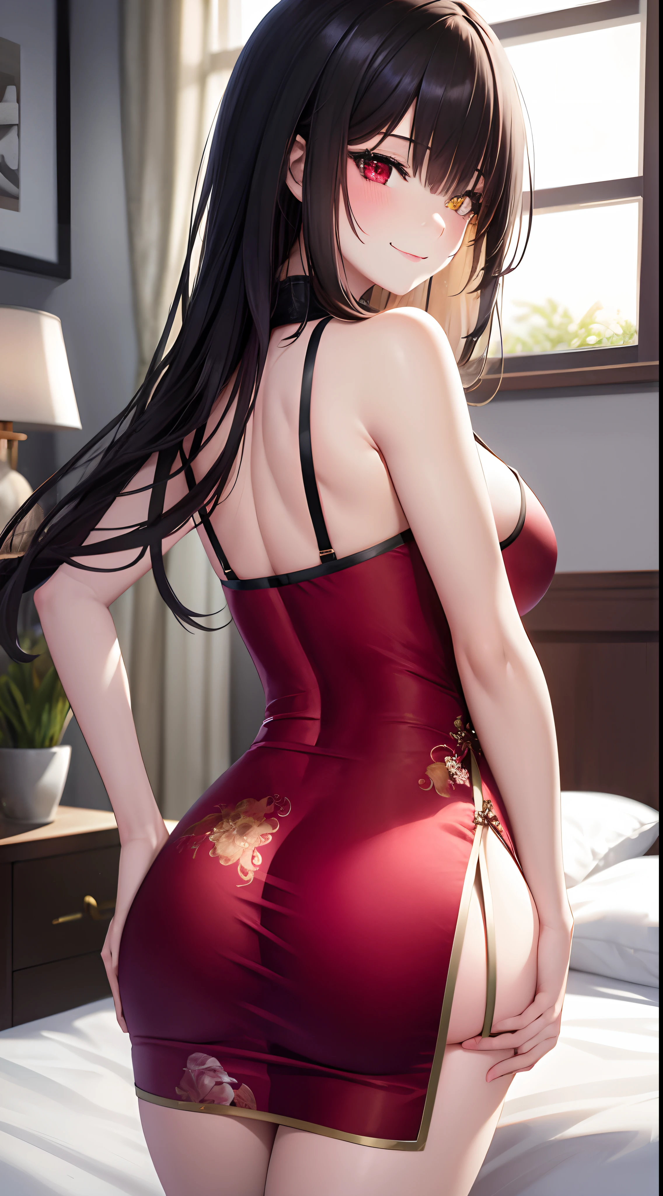 masterpiece, best quality, HD, 4K, Ultra-high resolution, Extreme Detail, Super detailed,beautiful eyes, beautiful hair, Beautiful side, beautiful skin,1 girl, Kurumi, black hair, yellow eye on the left: 1.2, red eye on the right: 1.2,Heterochromia,bangs covering the left eye,long hair, Bare-shoulders, Chinese dresses, Chinese clothing, short skirt, Cut line, sideboob, thigh,, squashed, hands behind the back, Viewer-oriented, ahegao, blush, Charming smile, Close-up, bed