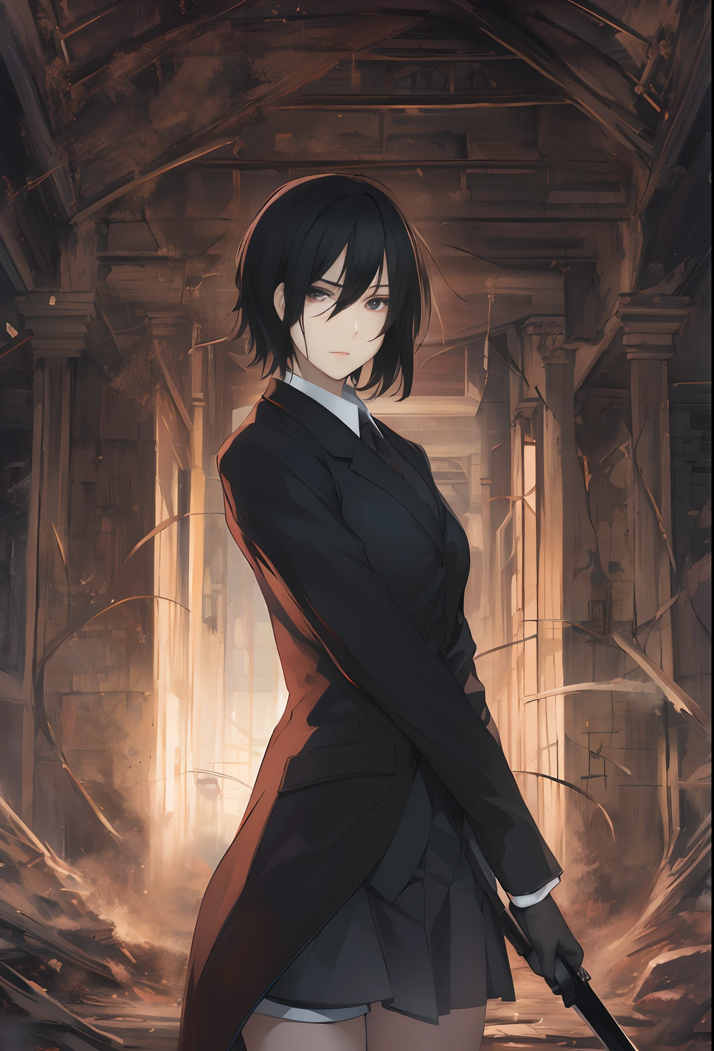 Mikasa Ackerman, with long black hair, Dressed in an elegant black suit, Walking through an abandoned house with the tip of a sword, super detailed image, Manga style, Full-HD、Zito-order