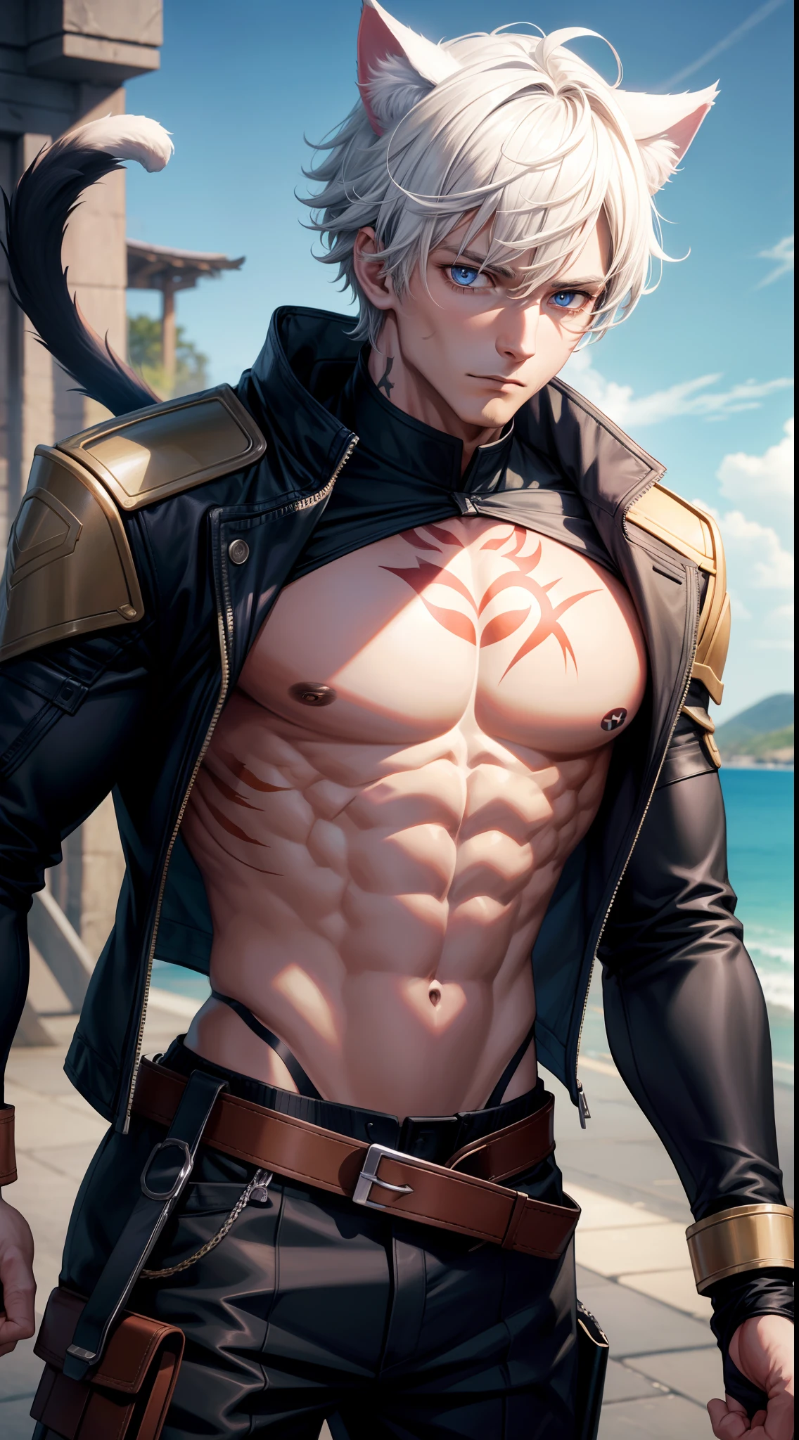 Grown-up guy, short white hair, cat ears, blue eyes, Combat uniform, musculature, open torso, belts, Scars, tattoo, claws, masterpiece, hiquality, 4k, HD, Good detail