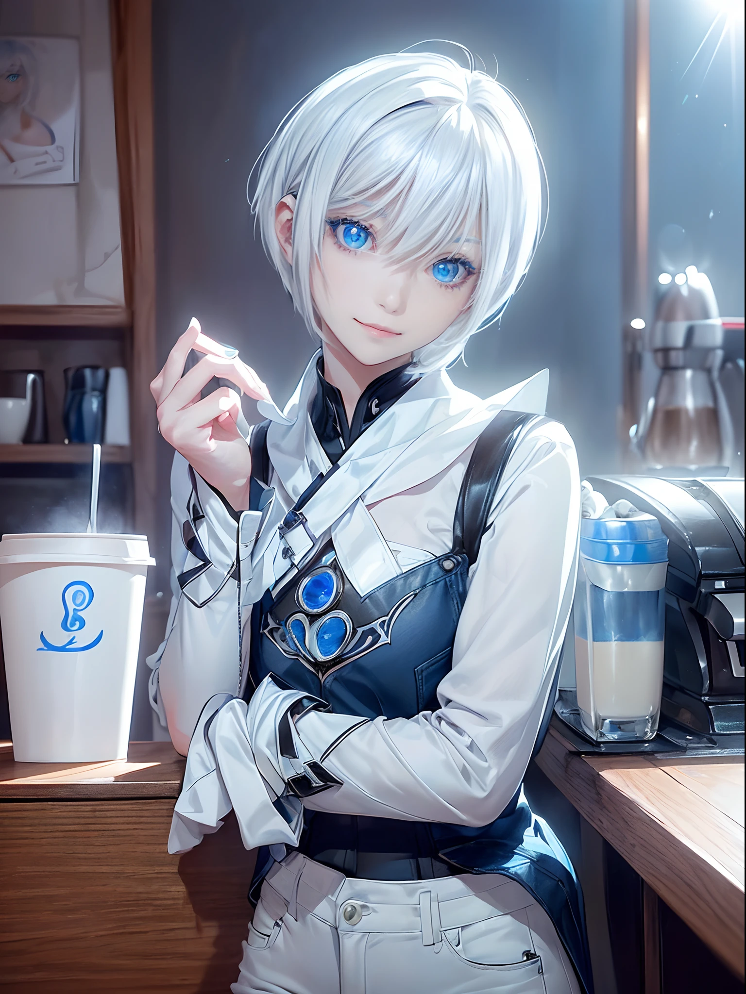 ((4K works))、masterpiece、(top-quality)、1 beutiful girl、Slim body、tall、((Black Y-shirt and white pants、Attractive denim corde style))、(Detailed beautiful eyes)、Daytime coffee shop、((Bright coffee shop))、For a date at a fashionable coffee shop、((Face similar to Carly Rae Jepsen))、((Short-haired white hair))、((Smaller face))、((Neutral face))、((Bright blue eyes))、((American adult women))、((Adult female 26 years old))、((cool lady))、((Like a celebrity))、((Smiling expression))、((Korean Makeup))、((elongated and sharp eyes))、((Happy dating))、((boyish))、((Upper body photography))、Professional Photos、((Shot alone))