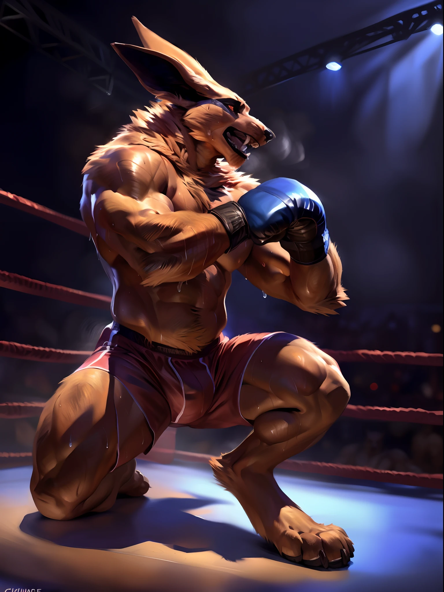 muscular anthro lora:kurama wearing boxing gloves. 4k, high resolution, best quality, perfect colors, perfect shadows, perfect lighting, posted on e621, furry body, solo, anthro kurama, body hair, older, male, adult, masculine, (heavily muscular, buff:1.2), bare torso, correct anatomy, (photorealistic fur, detailed fur, epic, masterpiece:1.2), (detailed gym background, nighttime), sexy shadows, (by Taran Fiddler, by Chunie, by Kusunagi, Bonifasko lighting), (boxing shorts:1.2), (detailed eyes:1.2), sweaty:1, sweat:1.2, shiny fur, full body, boxing gloves, kneeling on floor, (sweat:1.4), open mouth, visible breath, exhausted, (arms lowered, arms down:1.1)