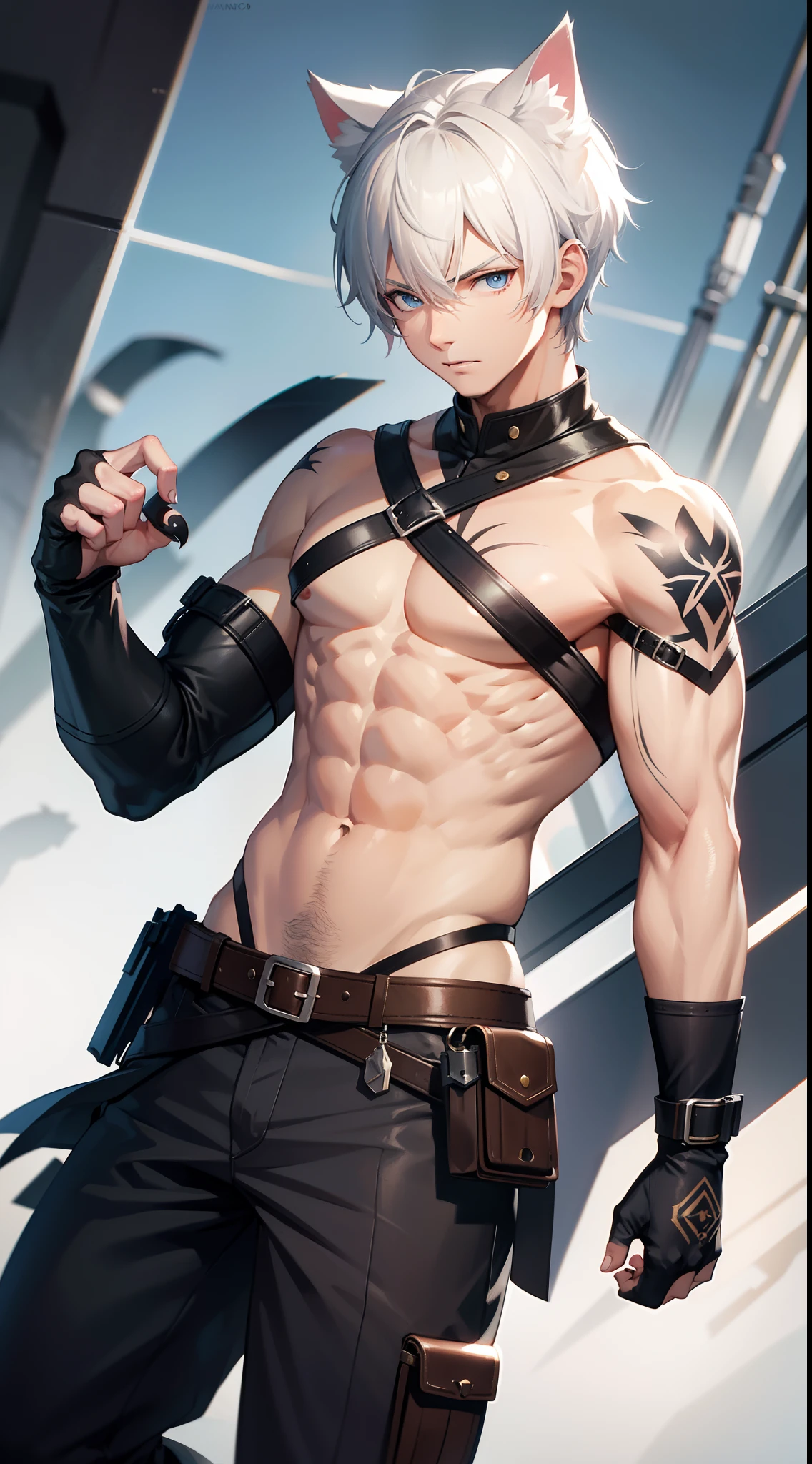 Grown-up guy, short white hair, cat ears, blue eyes, Combat uniform, musculature, open torso, belts, Scars, tattoo, claws, Masterpiece, hiquality, 4k, HD, Good detail