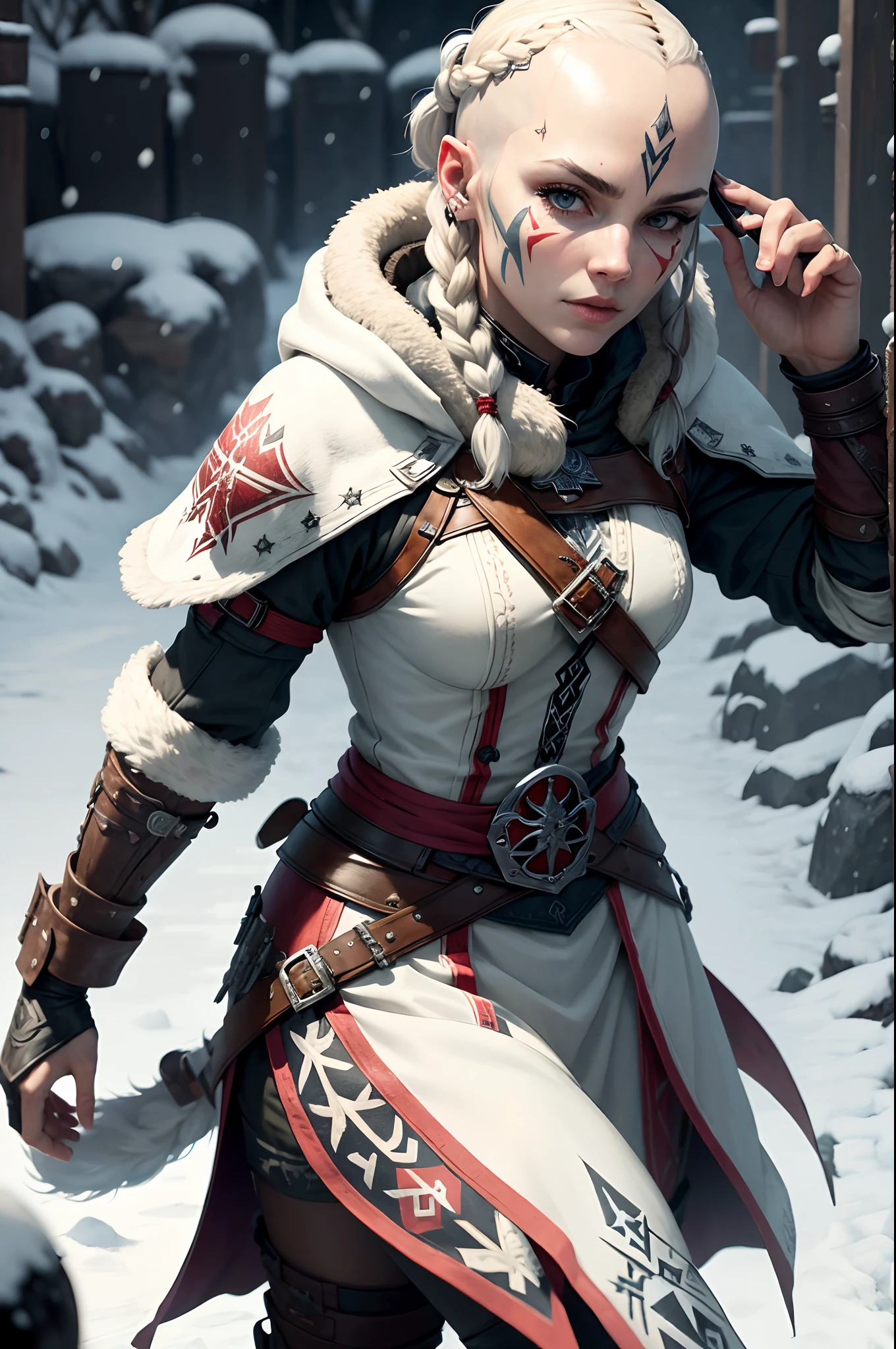 woman viking, assassin's creed, face tattoo, half-bald head, braid hair, armor with fur and leather, full-lenght, snow, high detailed, realistic full-lenght photo