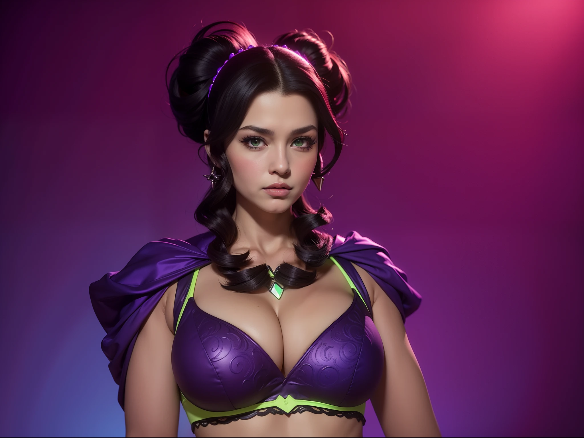 Bodacious seductive Lee Meriwether, wearing bright purple neon green eyeshadow, elaborately coiffed black hair with large side rolls, wearing genie bikini harem outfit, 4K, cinematic, hyper-sharp, hyper-realistic, hyper-detailed, symmetrical, "100% anatomically correct", octane render