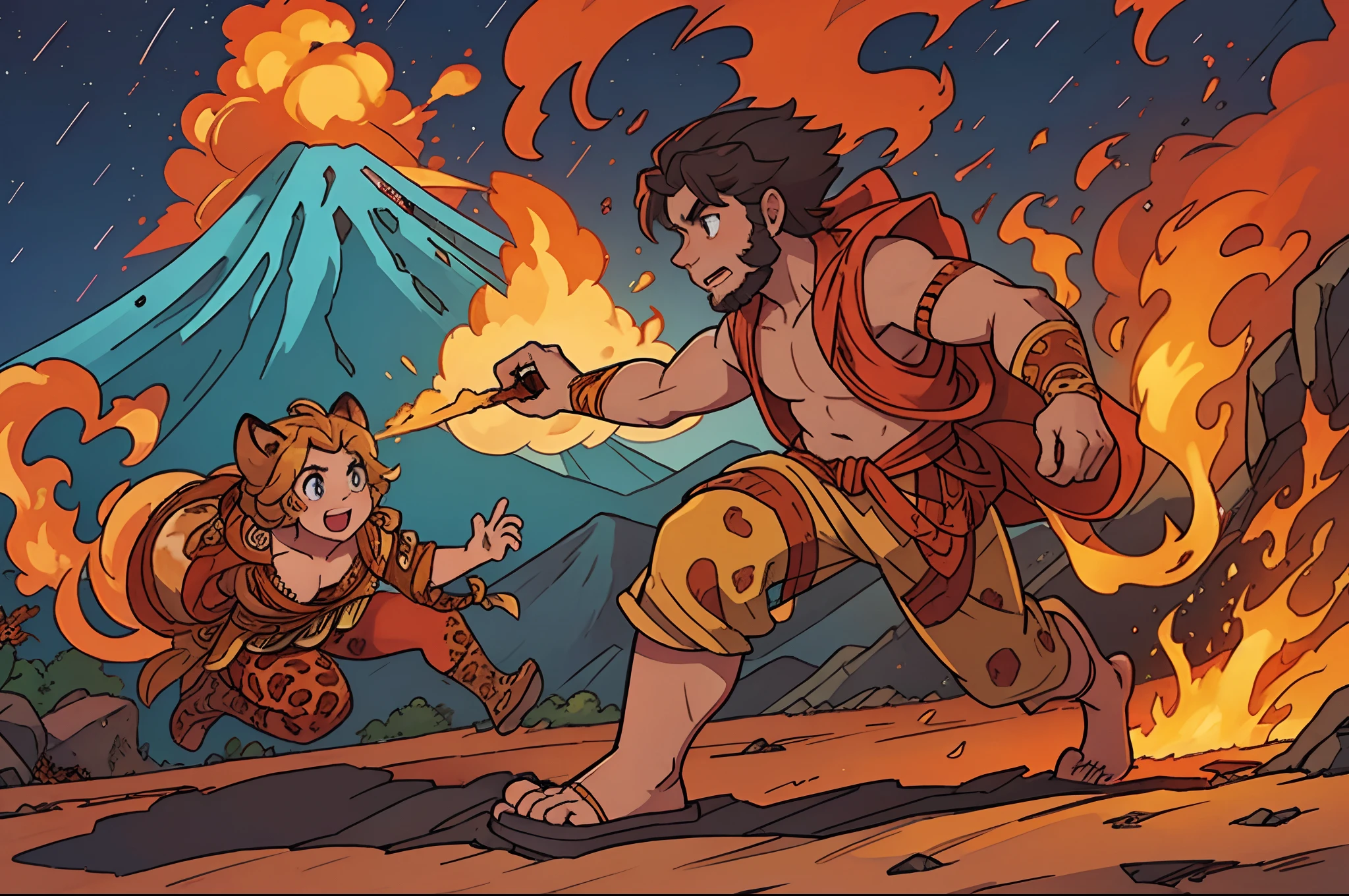 A volcano makes a volcanic eruption, a cave man dressed with a leopard skin looking afrais and running away, whimsical, dynamic.