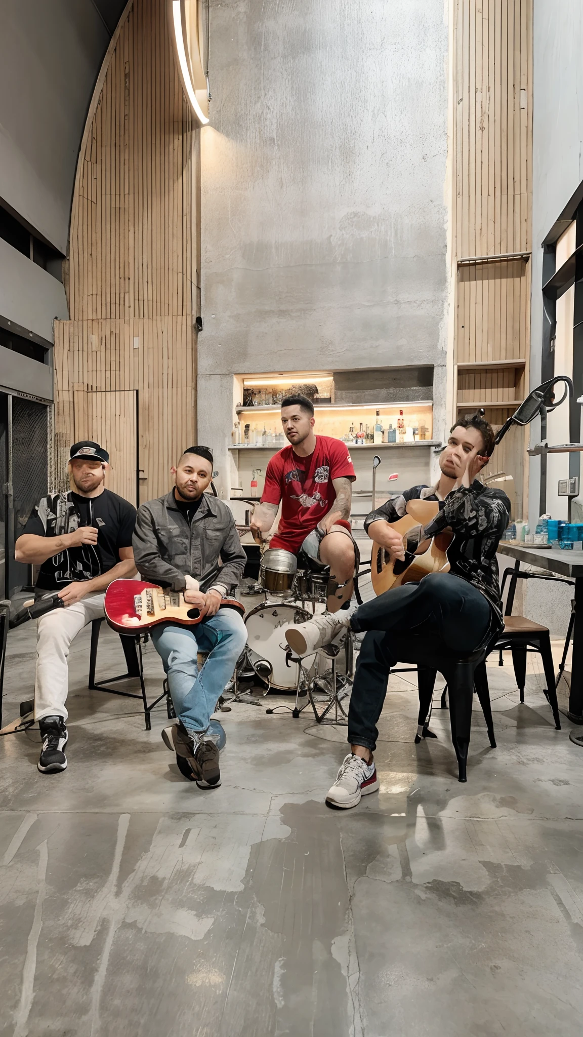 concrete floor, bar set, a bands
