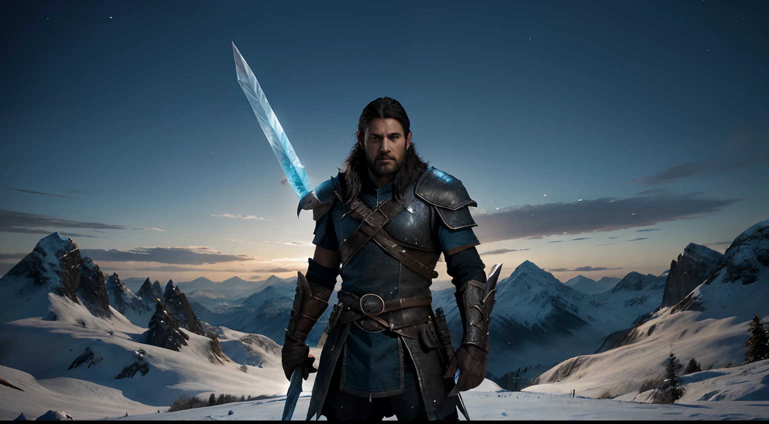 a man standing on top of a mountain holding a sword, epic fantasy digital art style, skyrim character, epic fantasy style, epic fantasy art style, heroic fantasy character concept, ice mage, epic fantasy art style hd, epic rpg portrait, wearing fur armor, ice lord, ice crystal armor, epic character art, digital fantasy character, god of winter