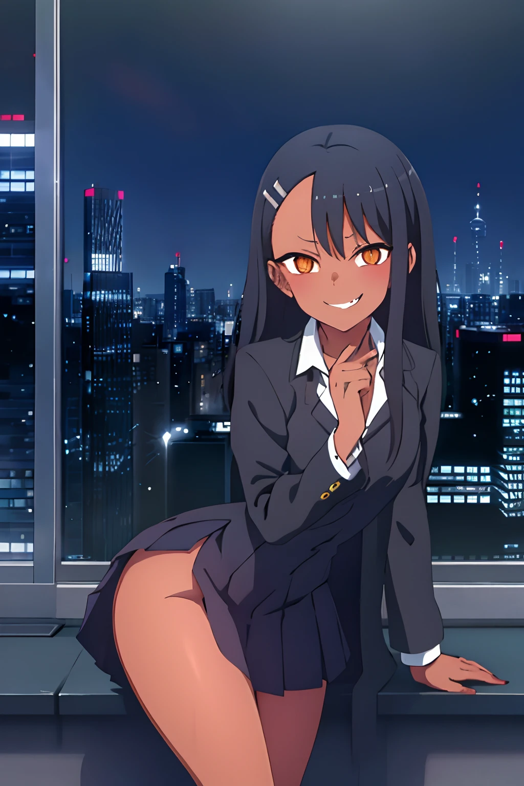 1girl, solo,sitting, cyberpunk cityscape,night city \(city\), stealth in the city,small breast, masterpiece, professional artwork, famous artwork, perfect face,perfect eyes,nagatoro hayase, hair ornament, brown eyes,glowing eyes, hairclip,dark skin, black hair,school uniform, cowboy shot, black hair, beautiful face, evil smile, evil eyes, ((perfect female body, narrow waist)), background city, skirt, nude, kinky, hentai