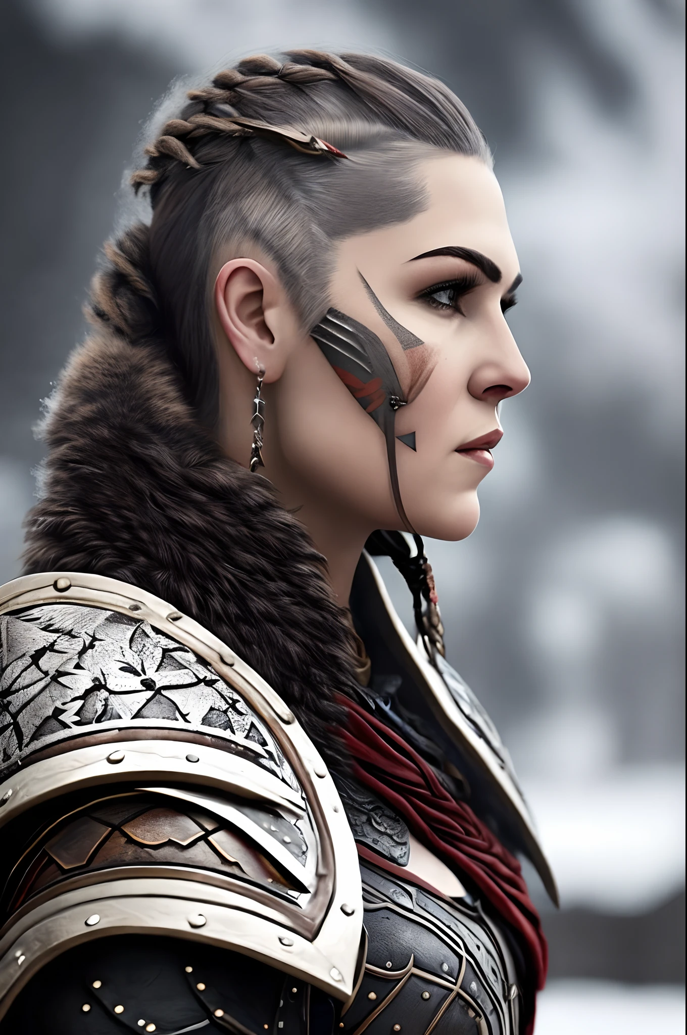 woman viking, assassin's creed, face tattoo, half-bald head, braid hair, armor with fur and leather, full-lenght, snow, high detailed, realistic full-lenght photo