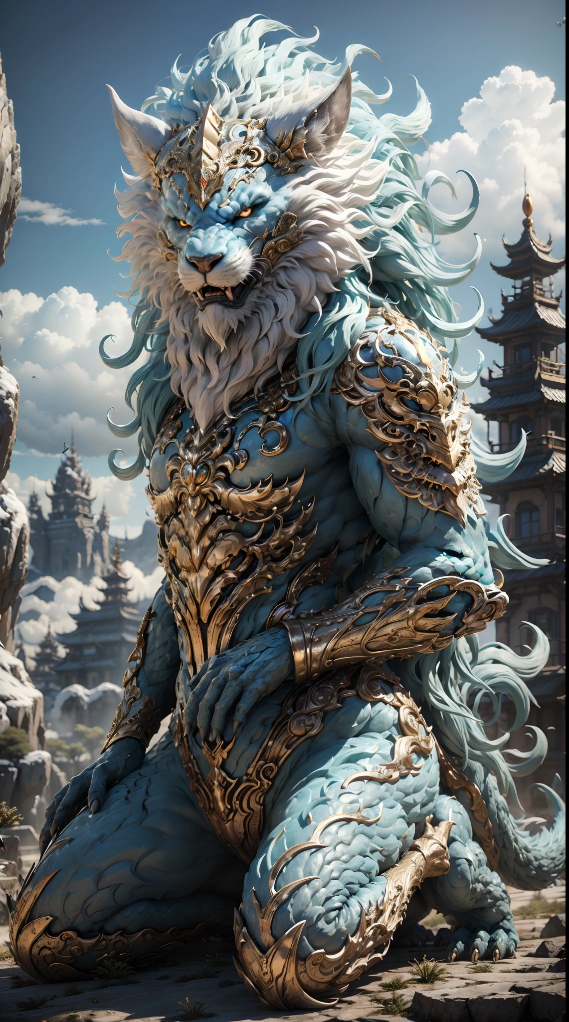 A mythical beast anthropomorphic、banya,tmasterpiece,Toenails,pale-blue,sickle,salama,Layered hair,火焰,white colors,Fur,pastel green,metall armour,Great Wilderness East Meridian,dream-state、fanciful、超高分辨率,high high quality,Export details