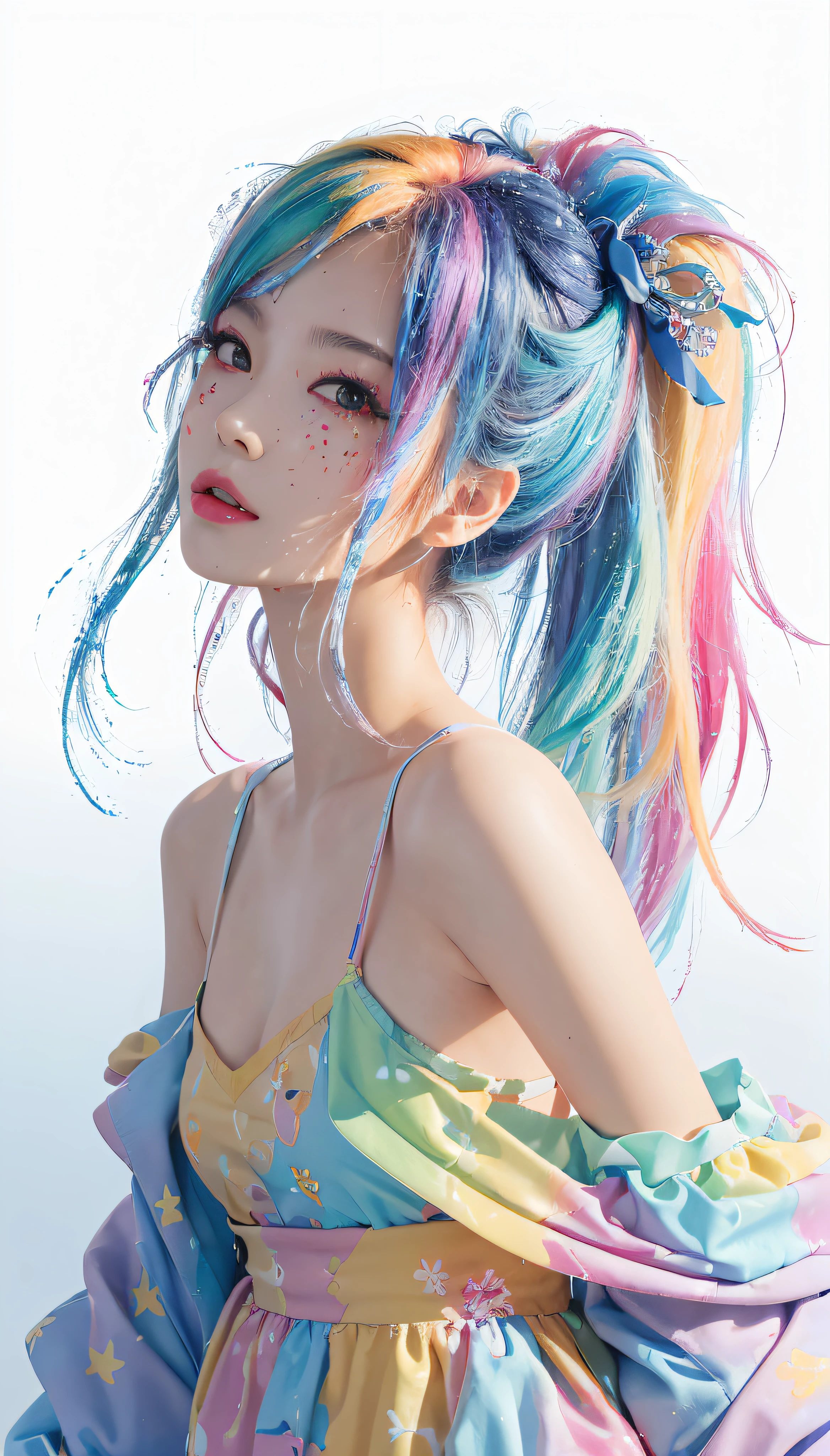 (Pink fashion T-shirt:1.9)、(colourful hair:1.8)、(all the colours of the rainbow:1.8)、((((Vertical Painting:1.6)))、(Painterly:1.6)、frontage、big eye、Sheer eyes、(Iridescent gradient high ponytail:1.7)、Exquisite makeup、Mouth closed、(Small fresh:1.5)、(Wipe Chest:1.6)、long eyes、A teary-eyed man wearing a white off-shoulder T-shirt、(rainbow-colored hair:1.6)、Color explosion, Messy lines, ((Shines)), (colourfull), Chic paint style, (color splashes), Vertical Painting, NSFW、 Paint splashes, Acrylic Pigment, gradients, depth of fields, facepaint, colourful clothes, (elegent: 1.2), Gorgeous,length hair, the wind, (elegent: 1.3), (flower petals:1.4)、(((​masterpiece)))、(((top-quality)))、((ultra-detailliert))、(dynamic ungle)、((Planktonic))、(paint)、((dishevled hair))、(独奏)、((beautifull detailed face))、my shoulder hurts、white  hair、((colourful hair))、(((striated hair))、beatiful detailed eyes、(Gradient color eyes)、((cammel toe))、(colorful backdrop))))、((((a high chroma))))、(((Surrounded by colorful splashes)))