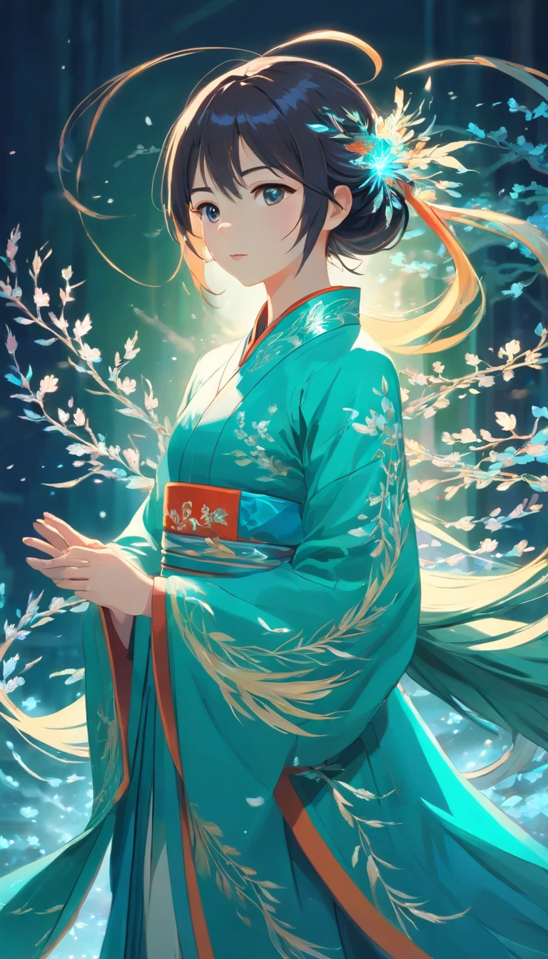 Stunning Chinese Hanfu，Embroidered with crystal translucent branches. The branches sparkle like diamonds. The phoenix comes to life，Dragging a 2-meter skirt. It's beautiful, Noble, Turquoise, magic, Octane rendering, Surreal, Light background