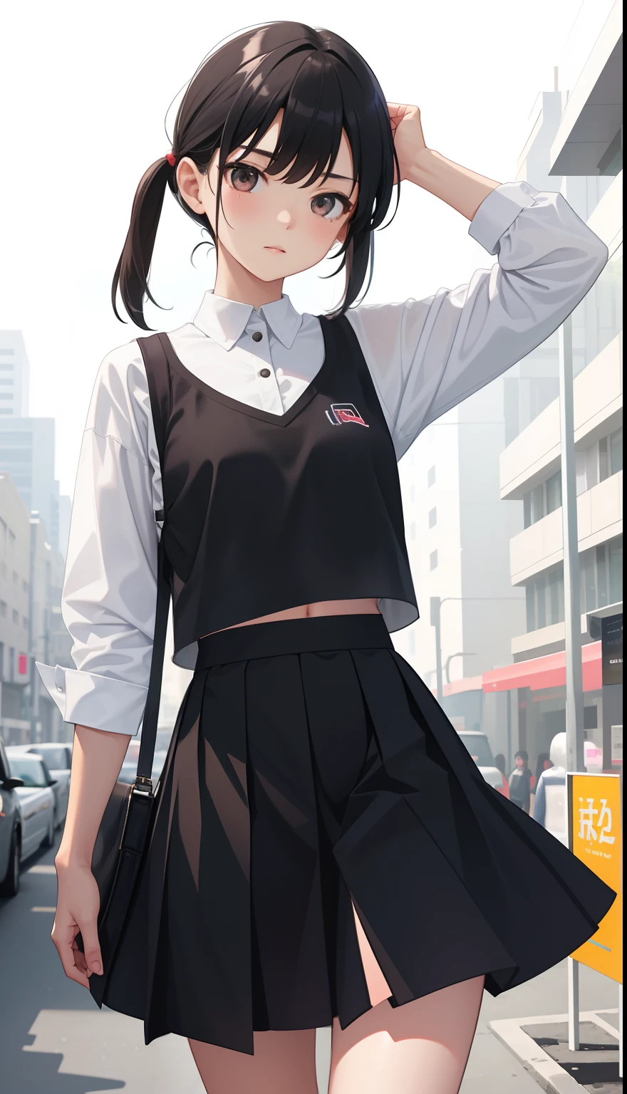 Anime, girl, age, hime-cut, short hair, black hair, red eyes, cool, earrings, walking around in the city, highlights pink under hair, big boob, sexy-cute, full-bodied, wearing a school uniform, licking the lollipop, hair clips,