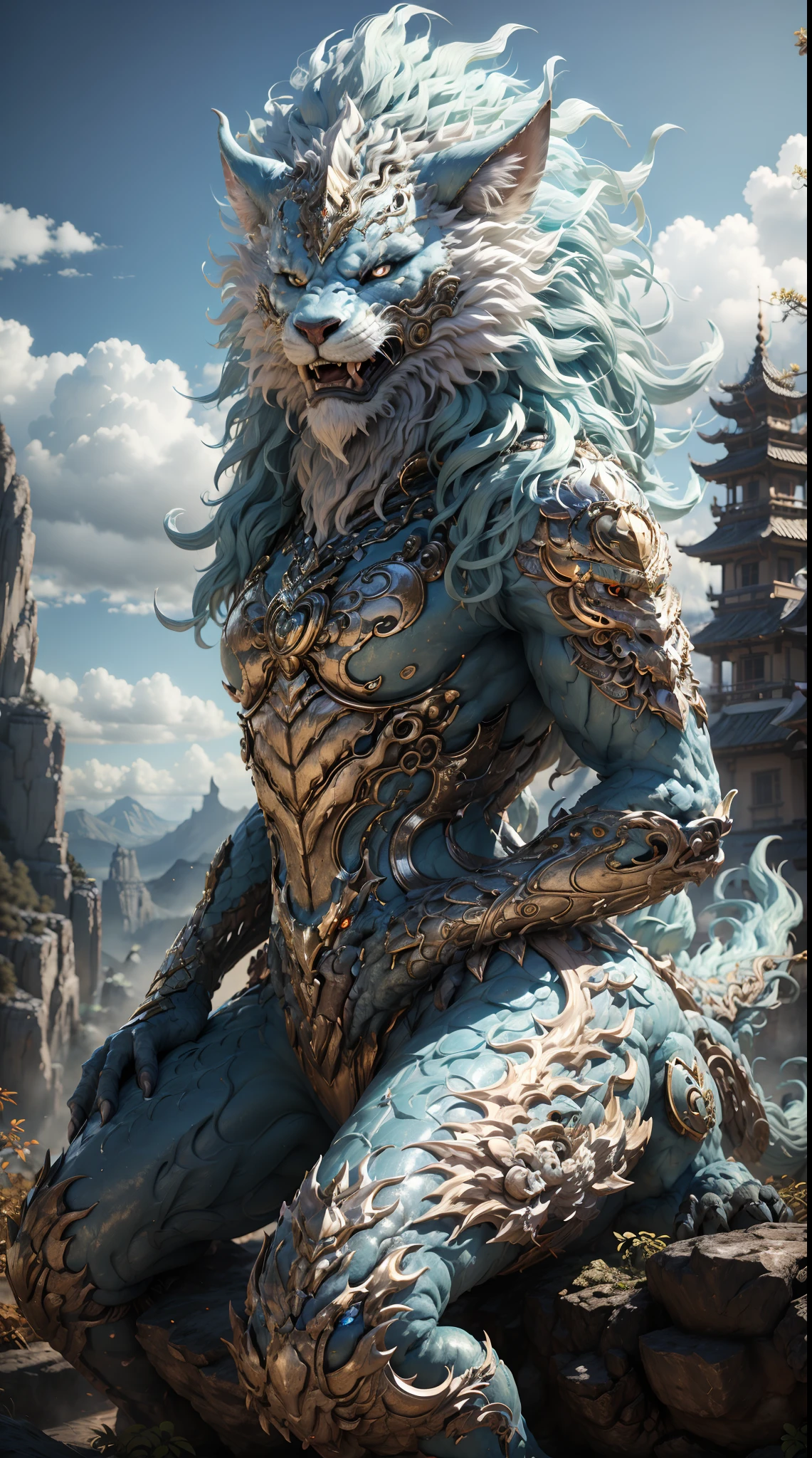 A mythical beast anthropomorphic、banya,tmasterpiece,Toenails,pale-blue,sickle,salama,Layered hair,火焰,white colors,Fur,pastel green,metall armour,Great Wilderness East Meridian,dream-state、fanciful、超高分辨率,high high quality,Export details