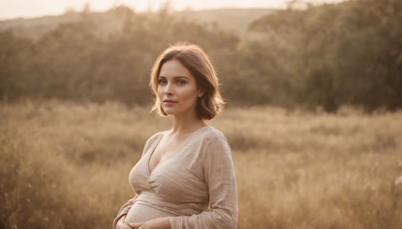 pregnant woman in cJungle, in the style of dark beige and beige, grid-based, highly textured, soft, photo taken with provia, folk/naïve,highly detailed,photo taken with fujifilm superia, charly amani,golden short hair, sunny day, full body