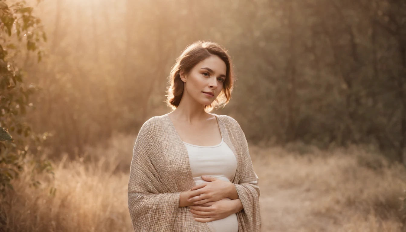 pregnant woman in cJungle, in the style of dark beige and beige, grid-based, highly textured, soft, photo taken with provia, folk/naïve,highly detailed,photo taken with fujifilm superia, charly amani,golden short hair, sunny day, full body