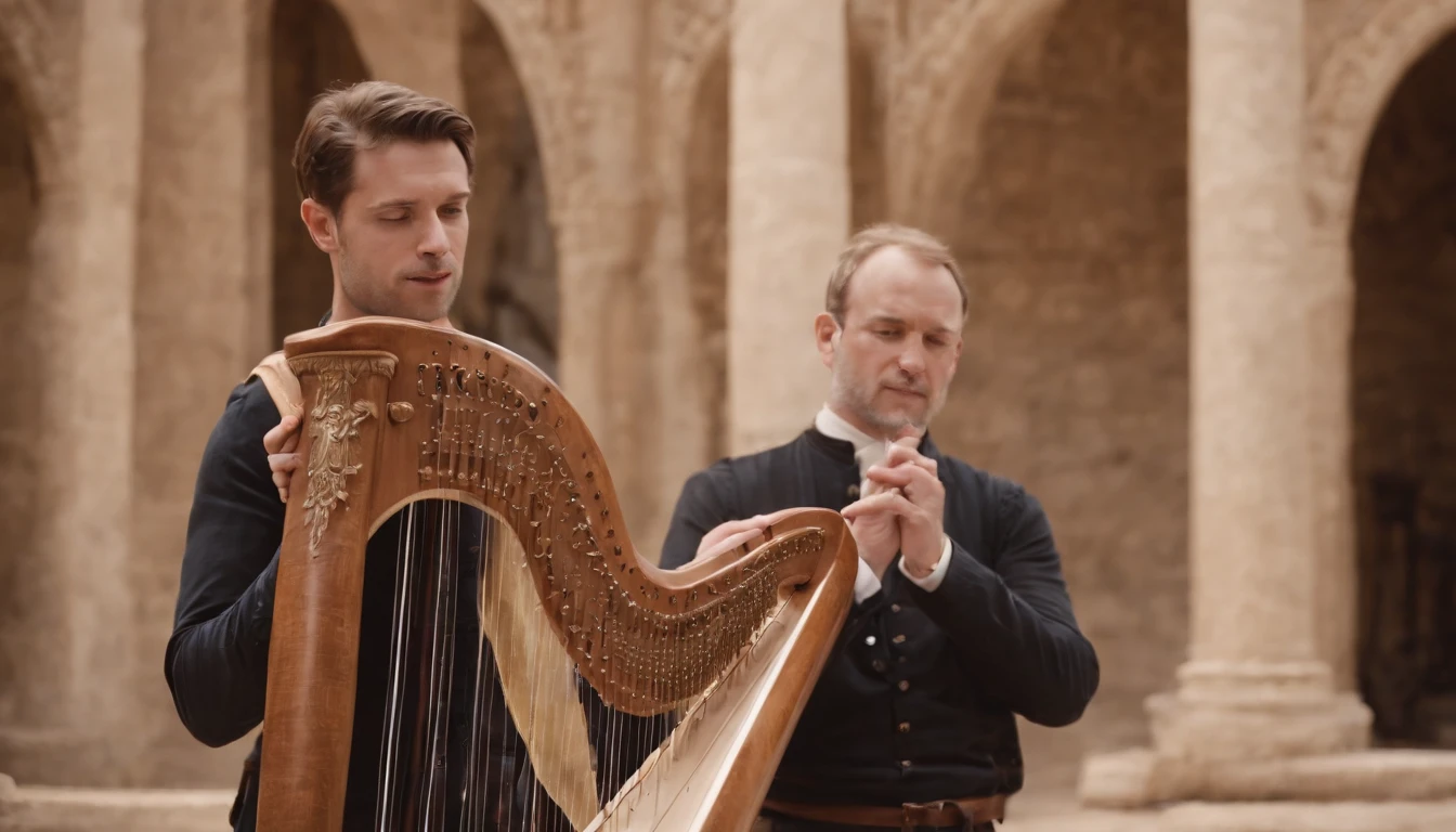 David happily played the harp in the palace courtyard to entertain King Saul.