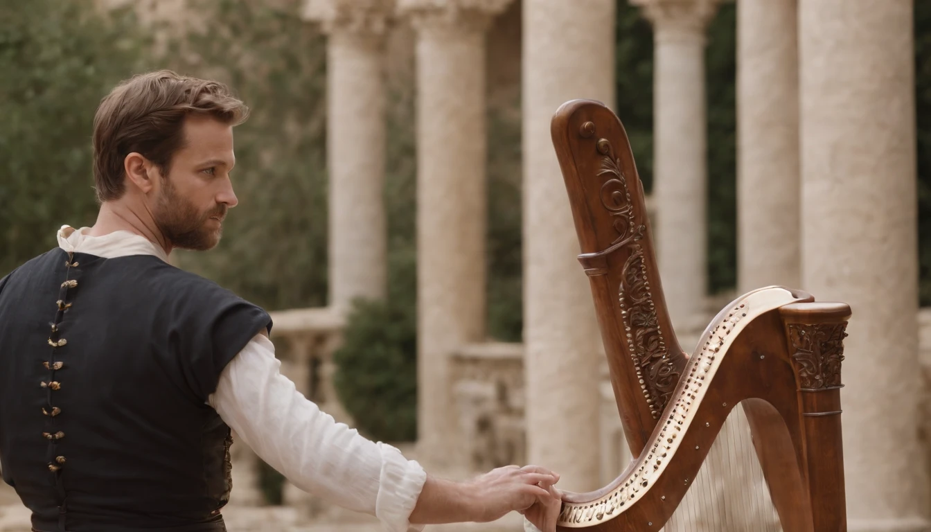 David happily played the harp in the palace courtyard to entertain King Saul.