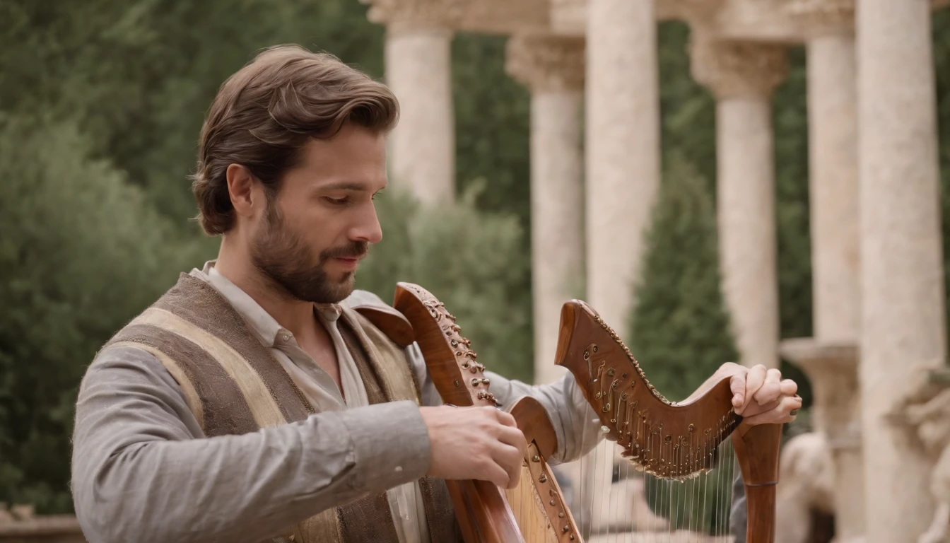 David happily played the harp in the palace courtyard to entertain King Saul.