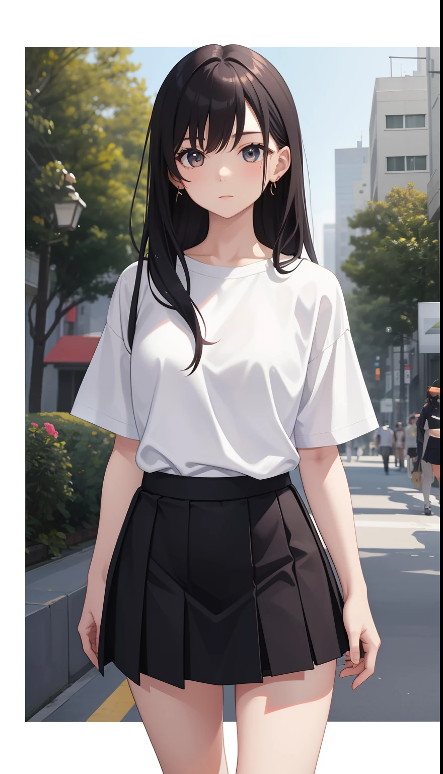 1girl in、The shirt、skirt by the、(small tits)、Walking with a thigh、Upper body portrait、