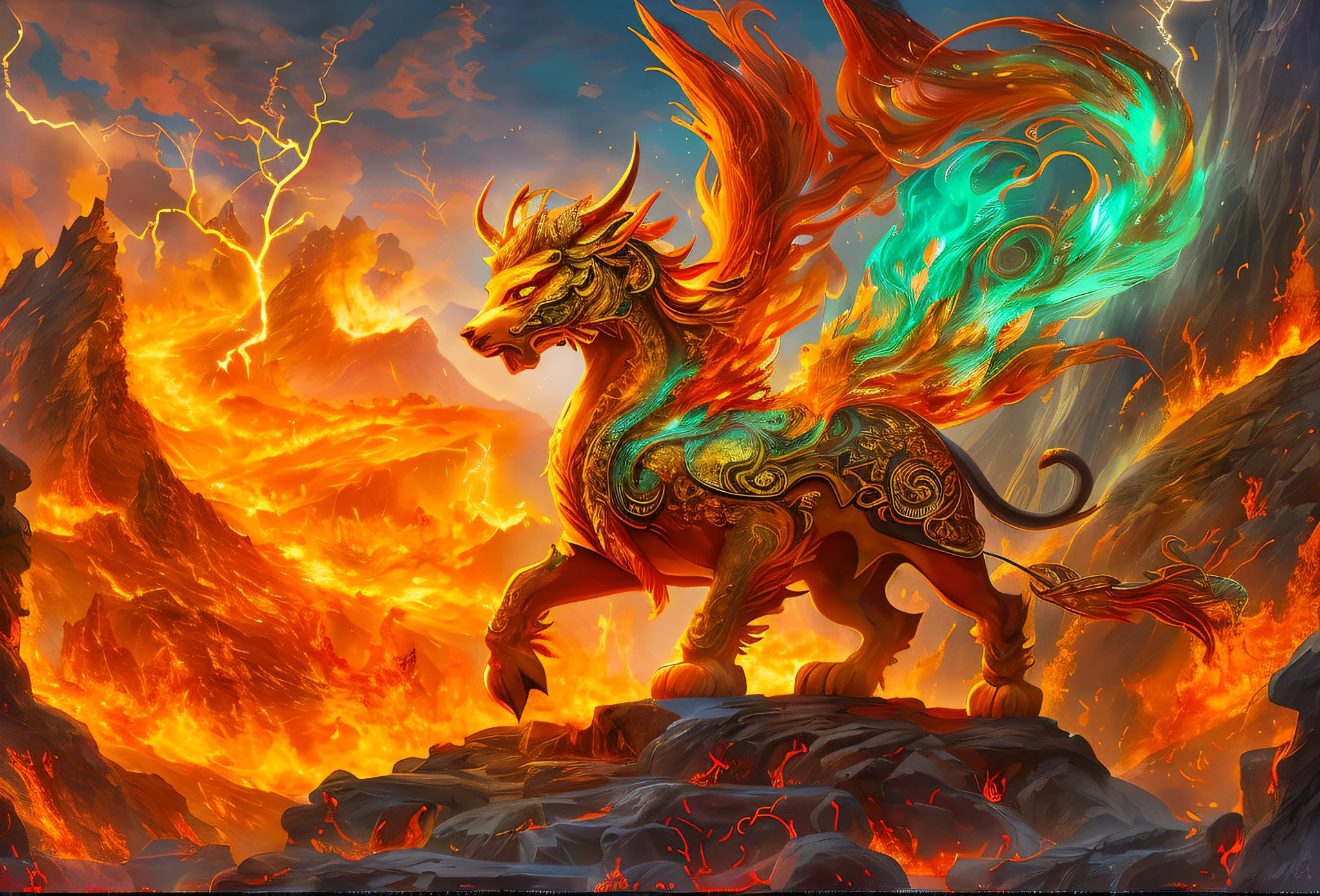 (Best quality,Masterpiece, iintricate,Hyper-detailing,8K UHD,超高分辨率,extremely detailed CG unity wallpaper) ,Big Yellow Cave Well,Fire unicorn,Fire unicorn in volcanic lava,Surrounded by lightning,Stand on volcanic lava,The peaks are steep,Strange rocks,salama,magma,Dreamland Wonderland、fanciful,Riding,Traditional Chinese elements,((Ancient murals)),Illustrative myths,Fuyao Legend,Dappled light,Hazy haze,mystical aura,tmasterpiece,k hd,Rich in color,Detailed details,Seven colors