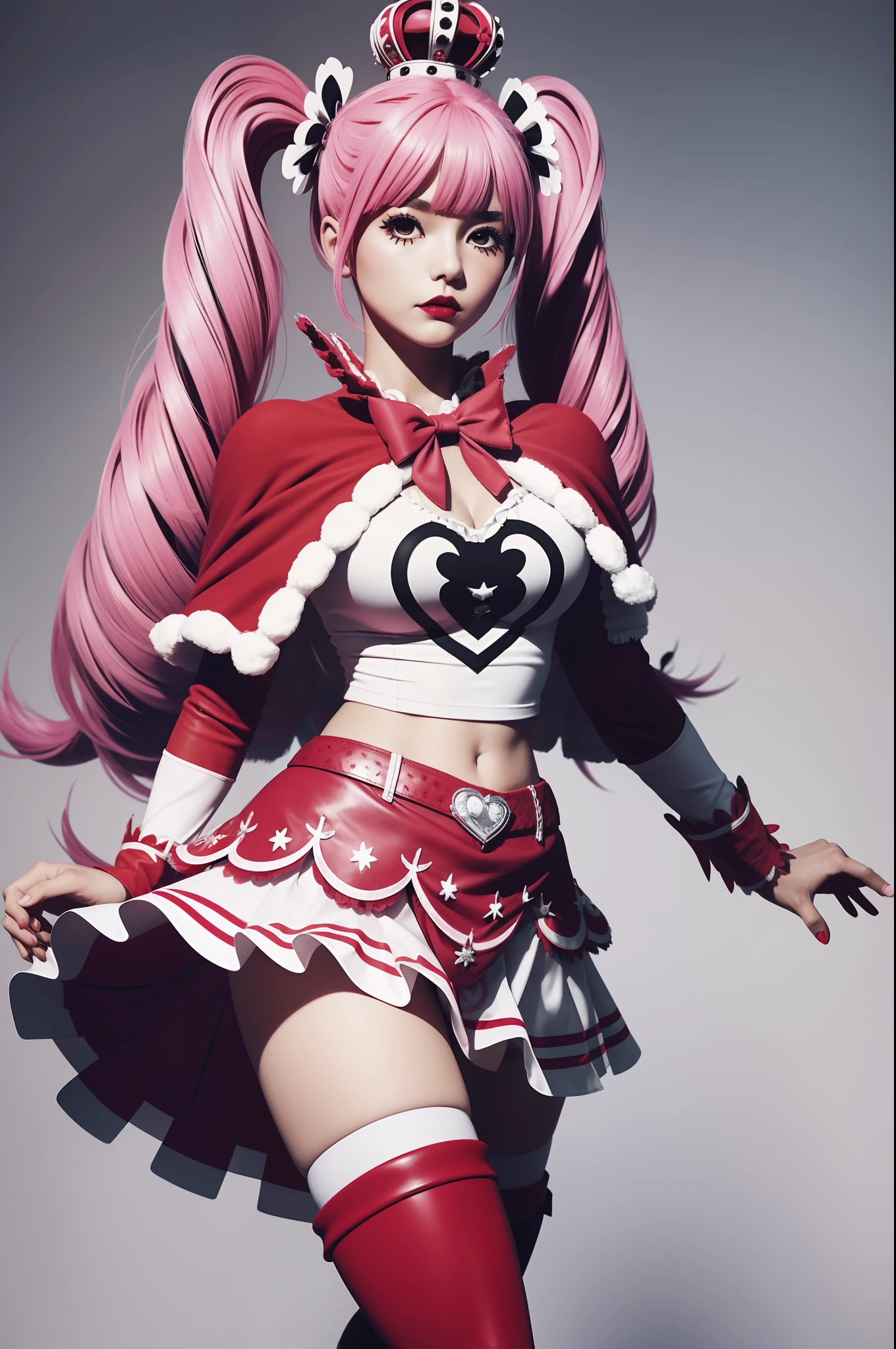 PeronaChan, cheems_perona_v3, pink hair, black eyes, blunt bangs, drill hair, red lipstick, twintails, crown, black and white stockings, red boots, red capelet, white shirt with sleeves, red skirt, perfect anatomy, solo, realistic art