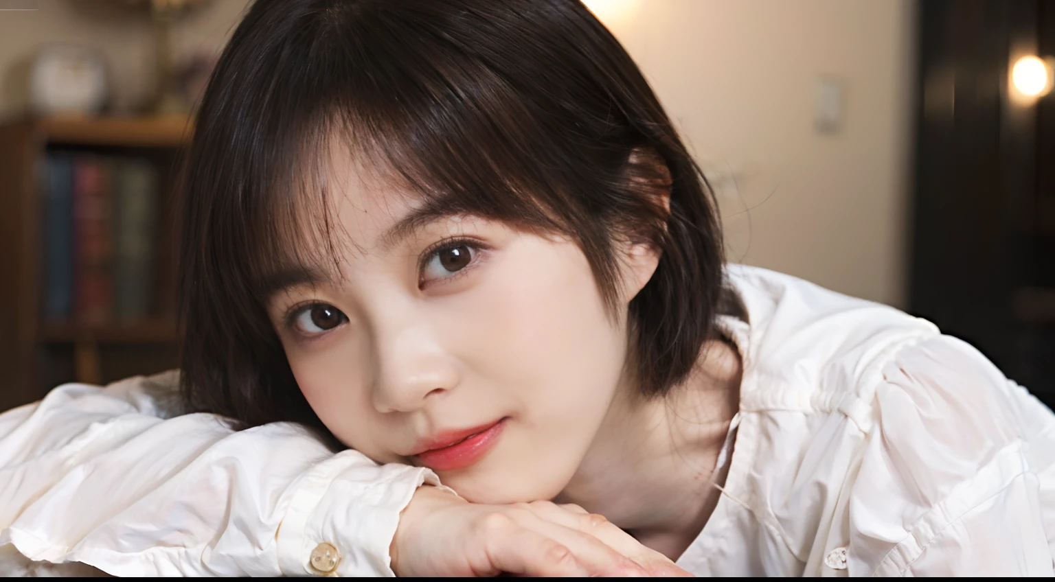29
(Shorthair:1.23), (a 20 yo woman), (A hyper-realistic), (masutepiece), (8KUHD), Focus on the face, long sleeved shirt, (Breast:1.23), serene expressions