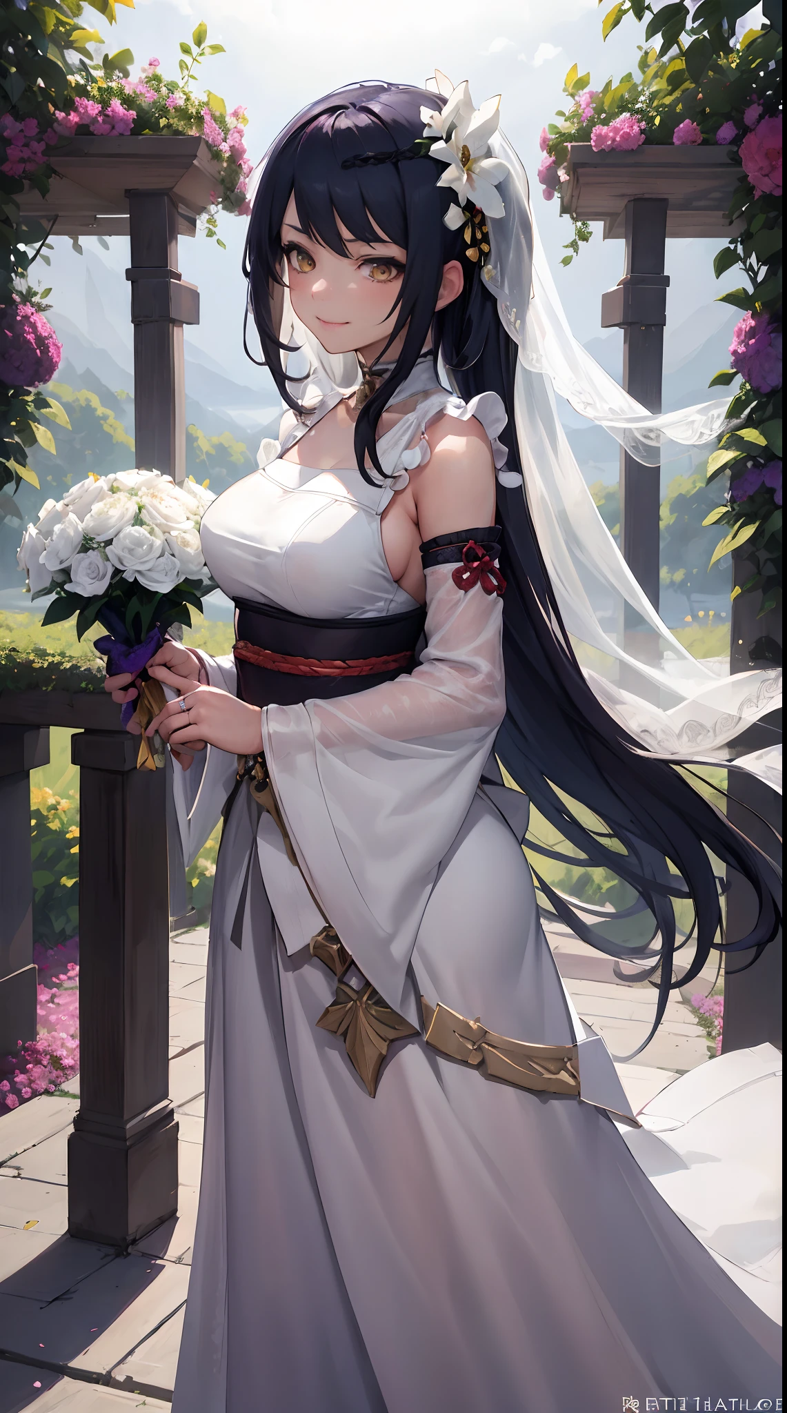 Kujou Sara | genshin impact, master-piece, bestquality, 1girls,25 years old, proportional body, proportional., Wedding Dresses, White Wedding Dress, Long skirt, wedding, ,bara, Standing in the middle of a flower garden, outdoor, wedding, The sky is beautiful, In a paradise of love and happiness..........................................., The bride wears a Japanese dress and a seductive smile..........................................., The passage of time stops at theirs..........................................., On this wedding day of love and happiness..........................................., Bright and beautiful flowers, Holding it in her hands symbolizes the envelopment of love..........................................., Love and friendship through the transmission of flowers, In a paradise of love and happiness..........................................., A bride in a yukata wearing a masika..........................................., It is a form of beauty and elegance..........................................., Show your spouse your heart.........................................., In a paradise of love and happiness..........................................., Kochikugisa is the tree of new beginnings..........................................., And their love and affection........................................, And suck a lot of love..........................................., Flowers represent love and peace..........................................., In a paradise of love and happiness..........................................., View viewers from the front., Thigh strap, Head tilt, bored, 10, 10, HD, slight smile,