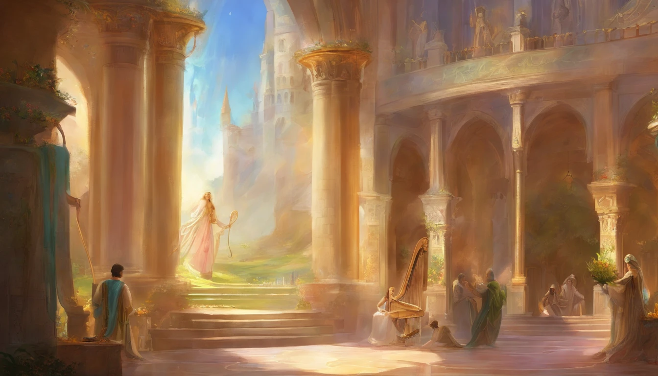 David happily played the harp in the palace courtyard to entertain King Saul.