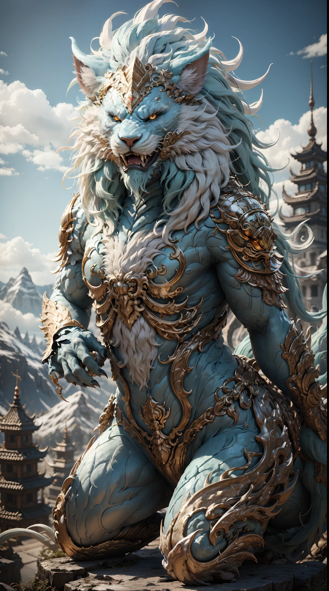 A mythical beast anthropomorphic、banya，tmasterpiece，Toenails，pale-blue，sickle，salama，Layered hair，火焰，white colors，Fur，pastel green，metall armour，Great Wilderness East Meridian，dream-state、fanciful、超高分辨率，high high quality，Export details