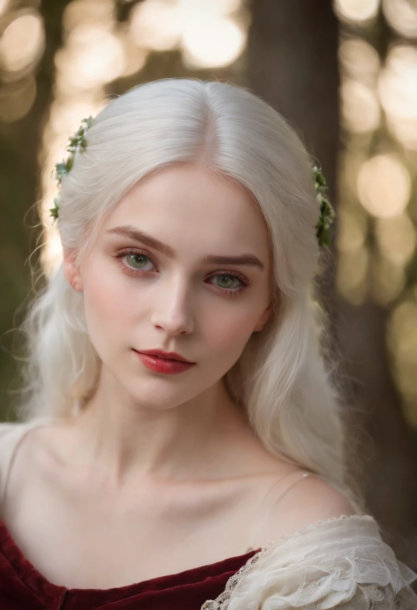 (((a deep reddish wound crosses her left cheek))) fair complexion, woman around 19 years old, natural white hair, distinctive green eyes, wearing kohl, slender and graceful, beautiful, candlelight in a medieval setting, ultra sharp focus, realistic shot, medieval female clothes, tetradic colors (scar:1.4)