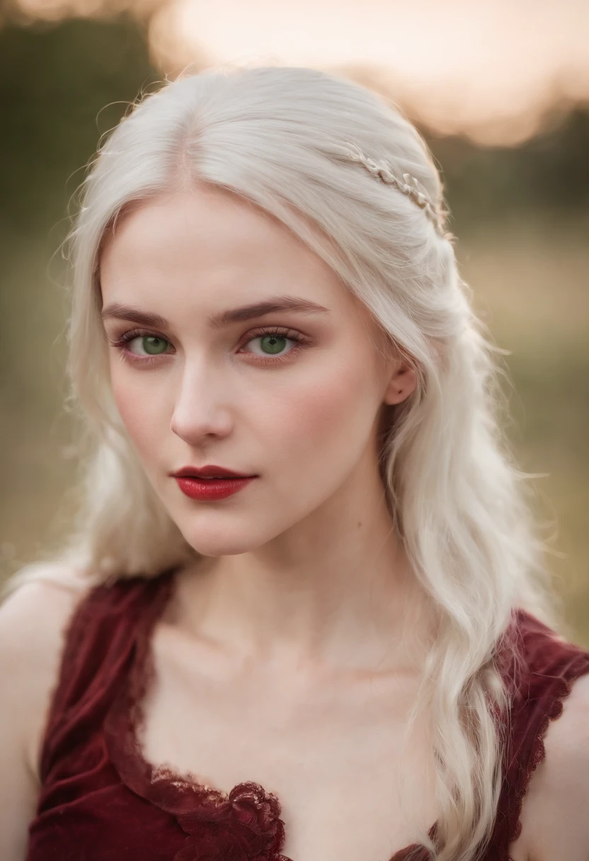 (((a deep reddish wound crosses her left cheek))) fair complexion, woman around 19 years old, natural white hair, distinctive green eyes, wearing kohl, slender and graceful, beautiful, candlelight in a medieval setting, ultra sharp focus, realistic shot, medieval female clothes, tetradic colors (scar:1.4)